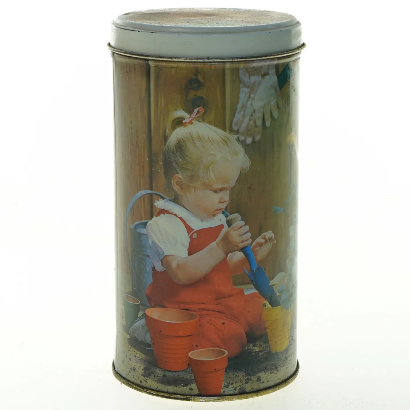 Vintage Irma Rund metaldåse med børneprint (str. 19 cm)