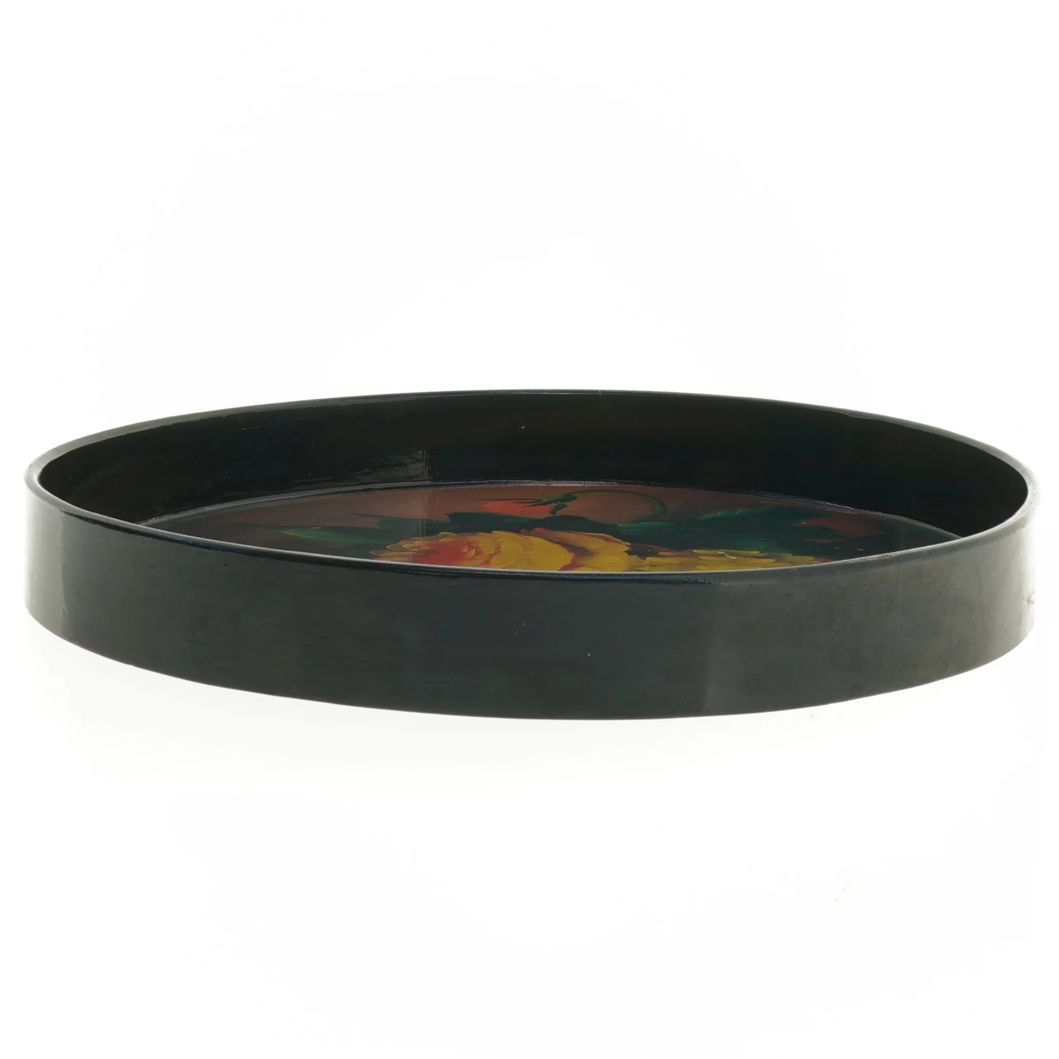 Rund serveringsbakke med blomstermotiv (str. 30 x 3,5 cm)