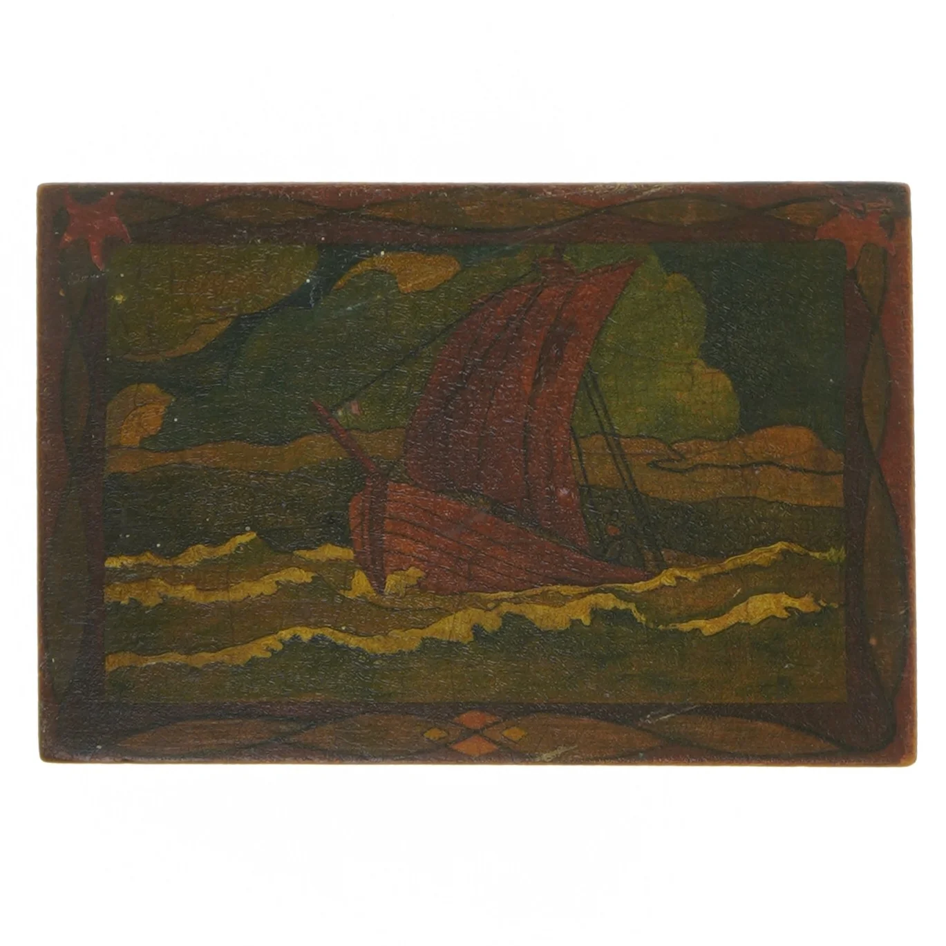 Dekoreret trækasse med skibsmaleri (str. 16x10x6 cm)