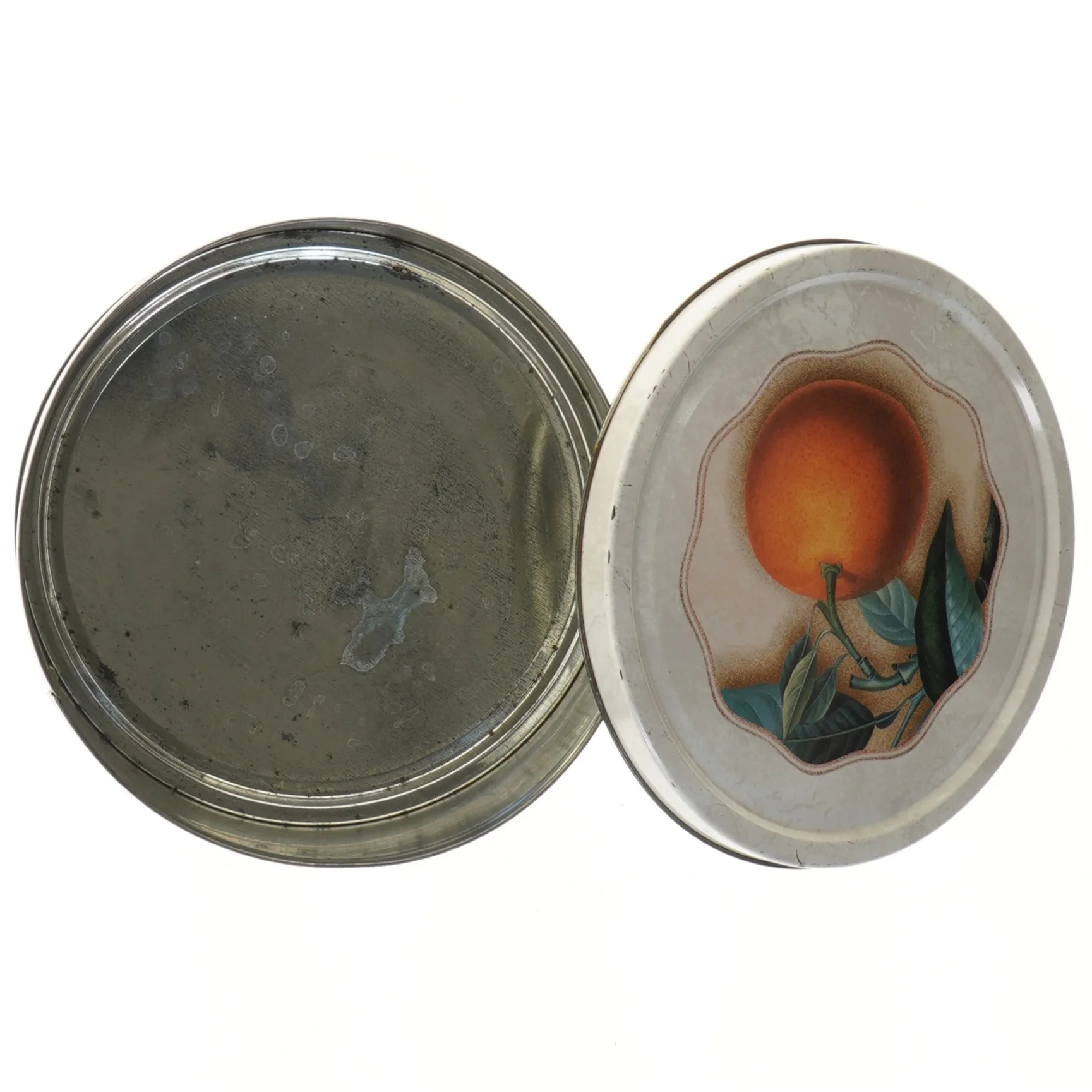 Dekorativ metaldåse med frugtmotiv (str. Ø 19,5 cm højde 10 cm)