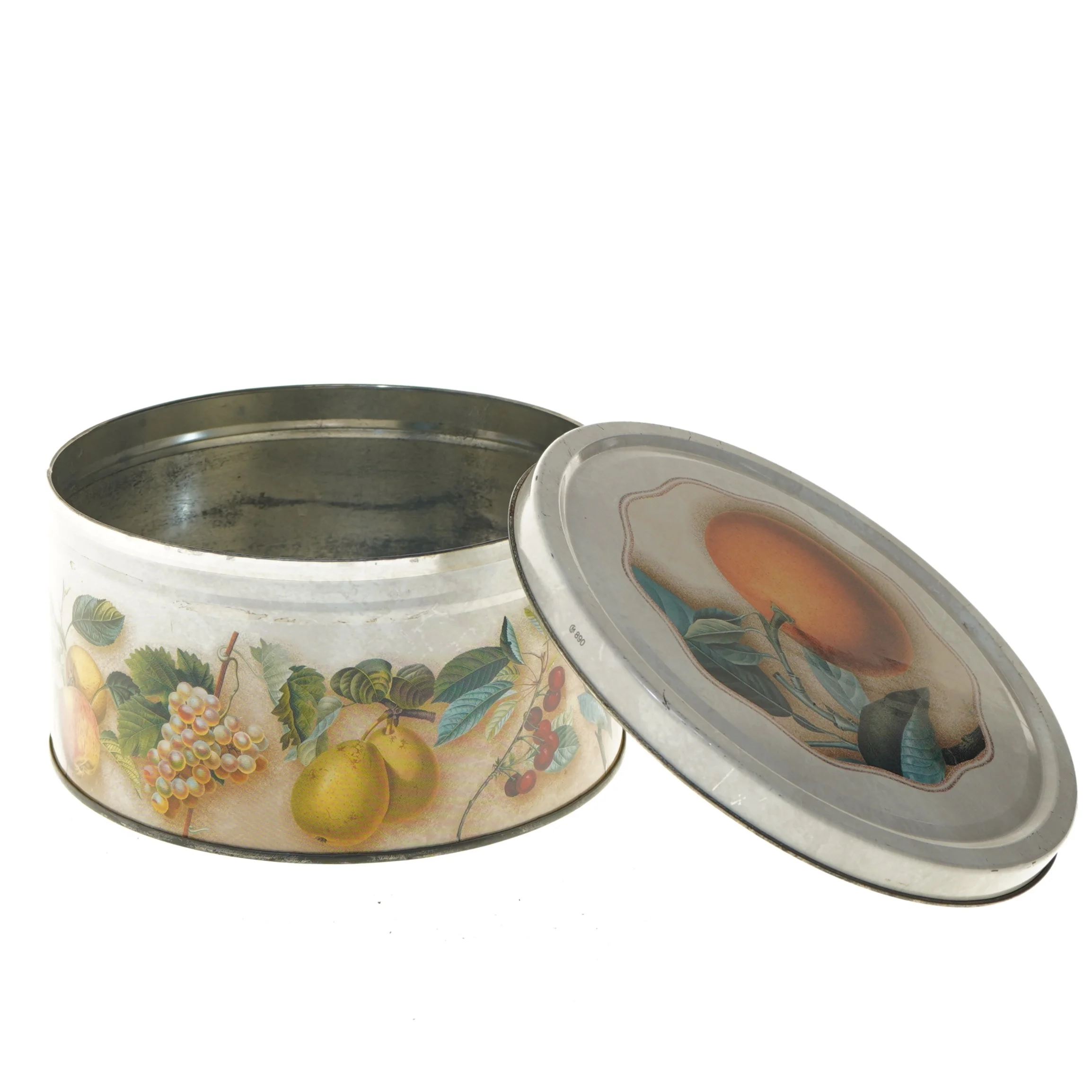 Dekorativ metaldåse med frugtmotiv (str. Ø 19,5 cm højde 10 cm)