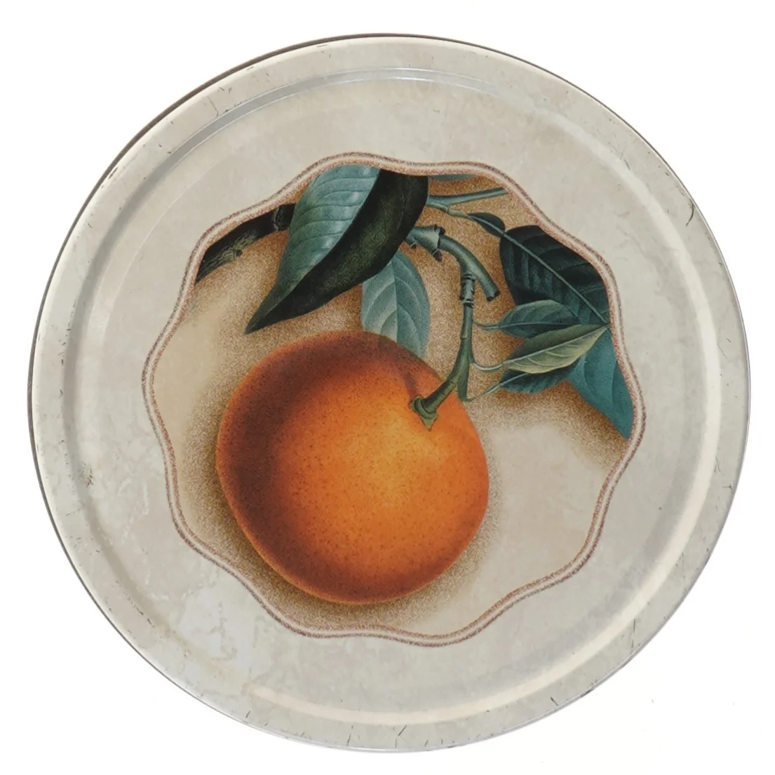 Dekorativ metaldåse med frugtmotiv (str. Ø 19,5 cm højde 10 cm)