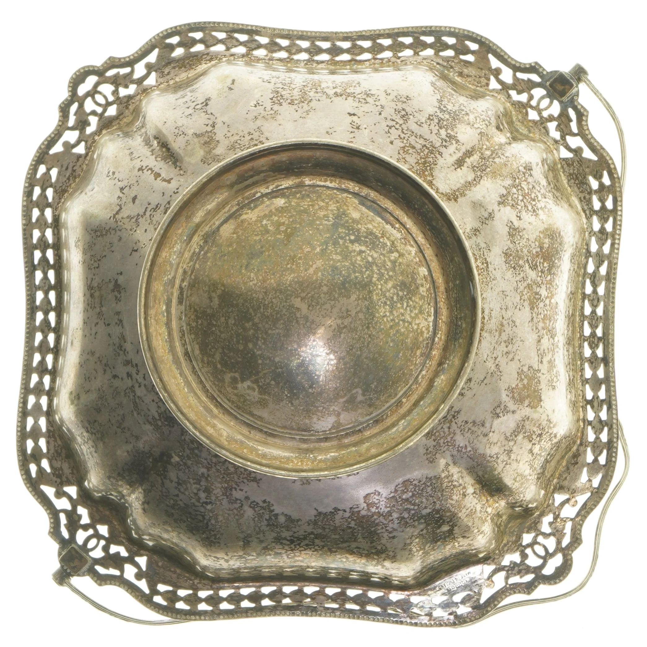 Vintage sølvfad med håndtag (str. Ø 23 cm)