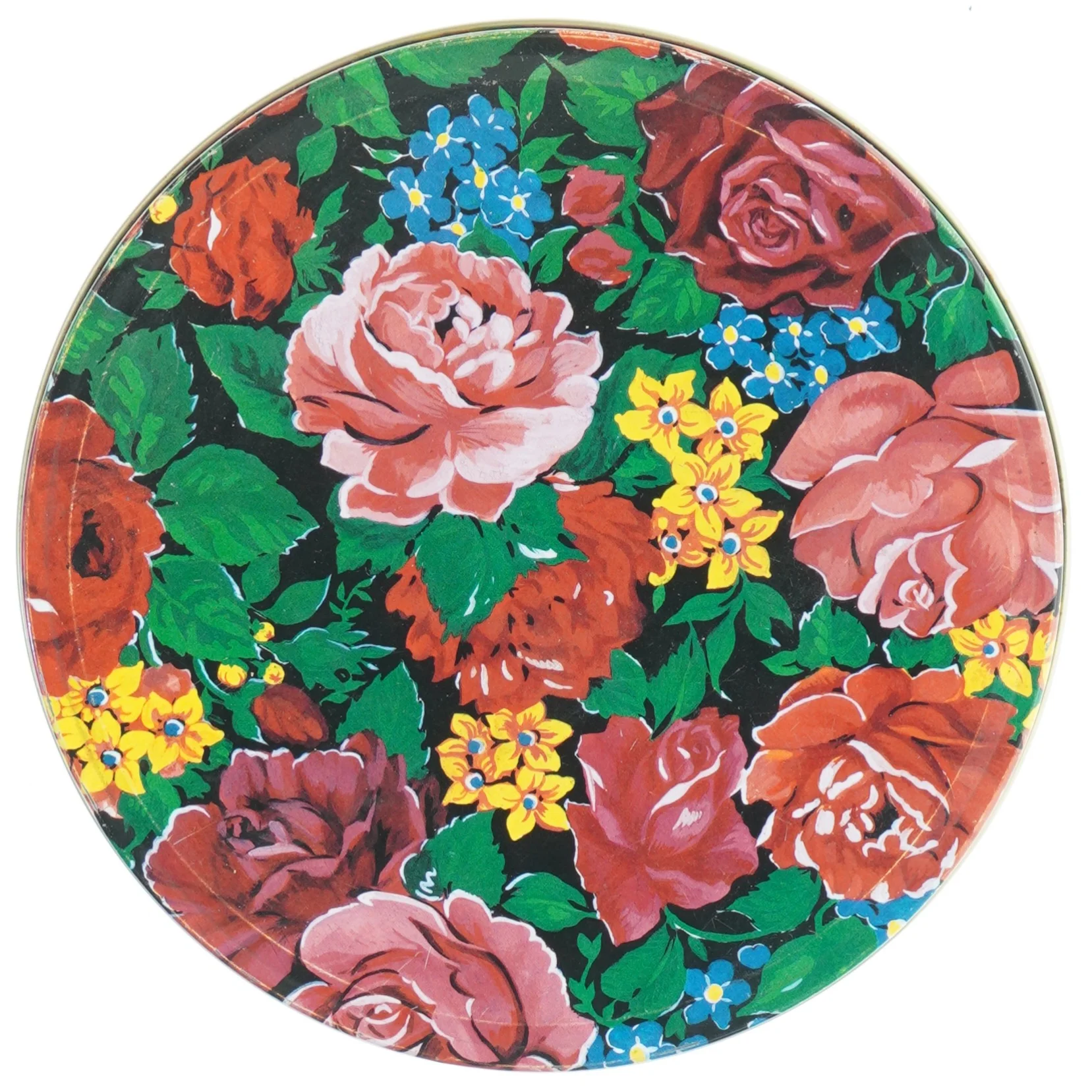 Rund vintage metal dåse med blomstermotiv (str. Ø 18 cm)