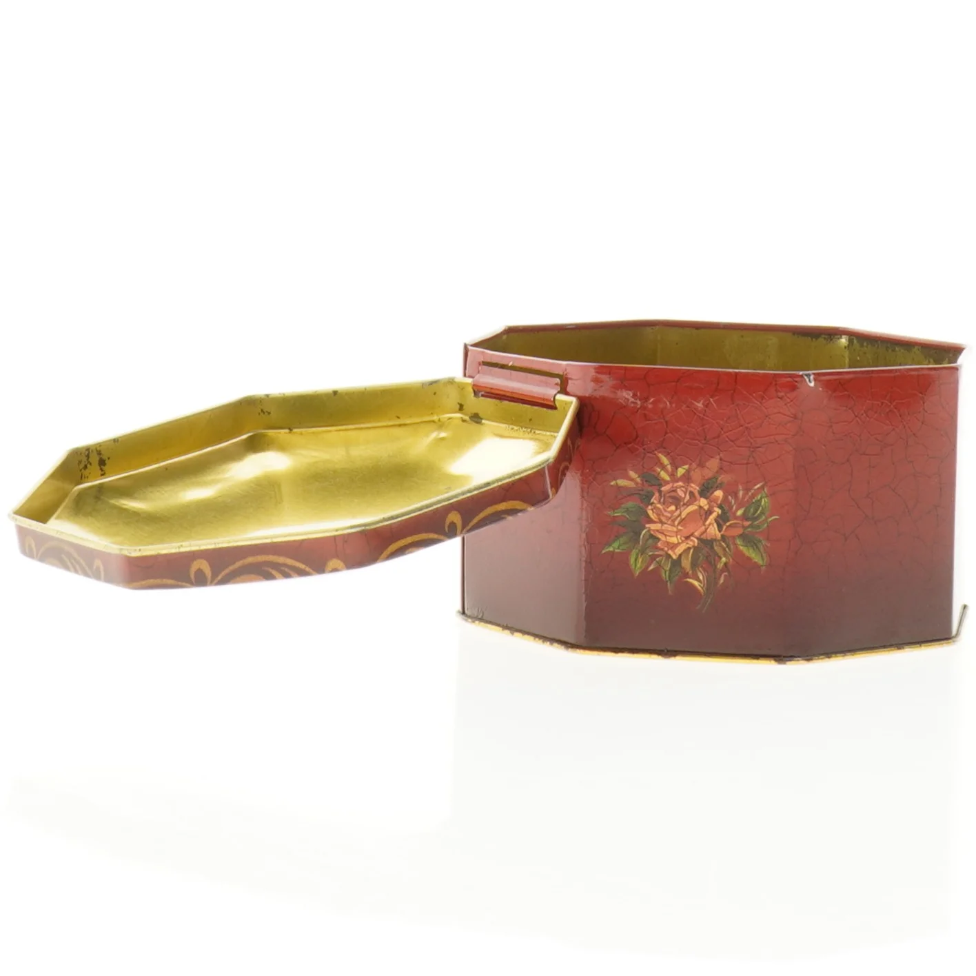 Engelsk Vintage Ottekantet metal dåse med blomstermotiv (str. 12 x 7 cm)