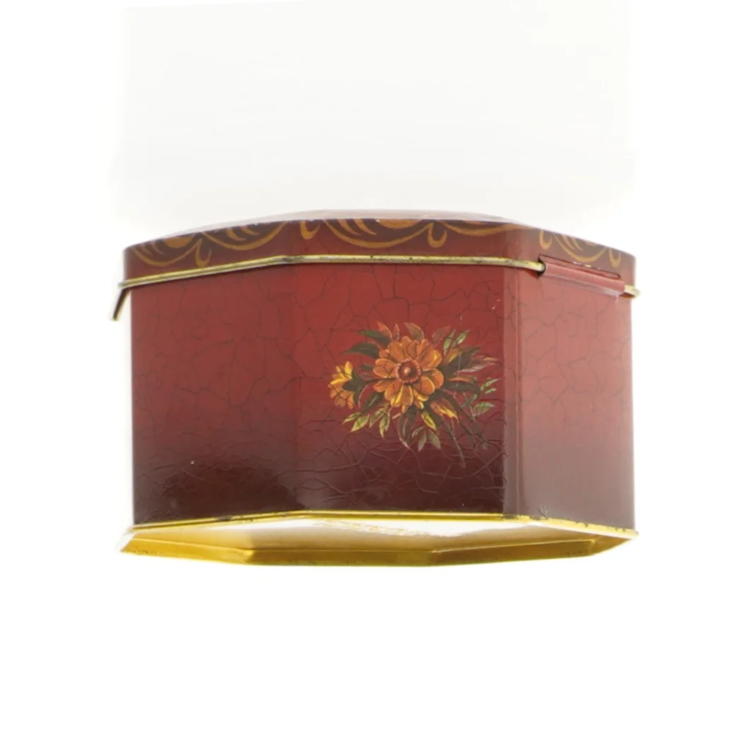 Engelsk Vintage Ottekantet metal dåse med blomstermotiv (str. 12 x 7 cm)