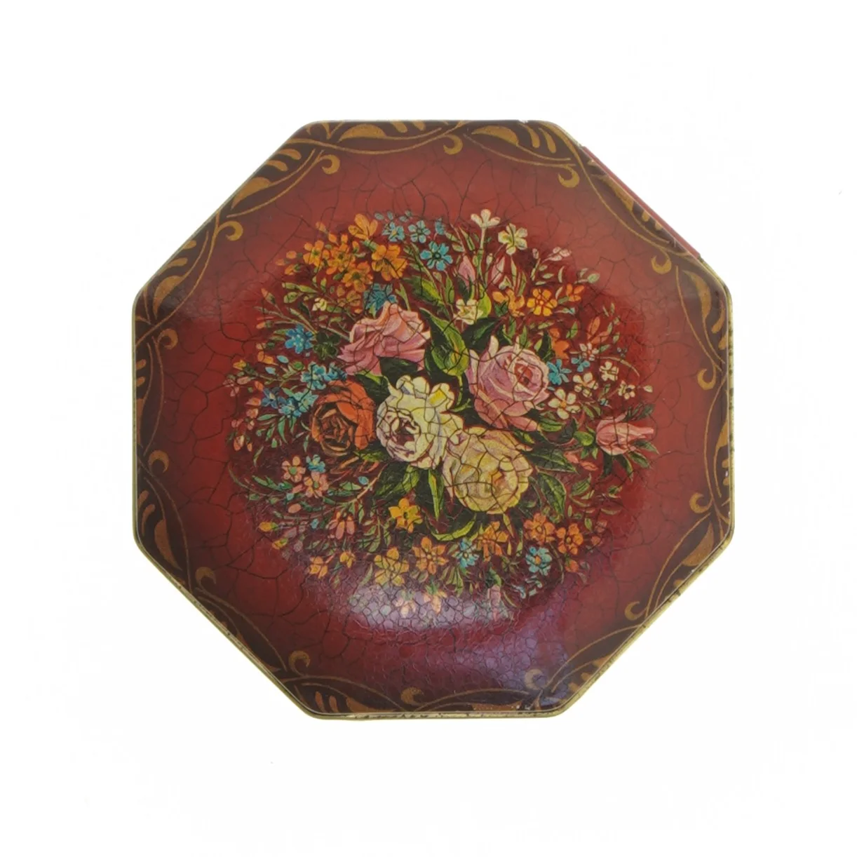 Engelsk Vintage Ottekantet metal dåse med blomstermotiv (str. 12 x 7 cm)