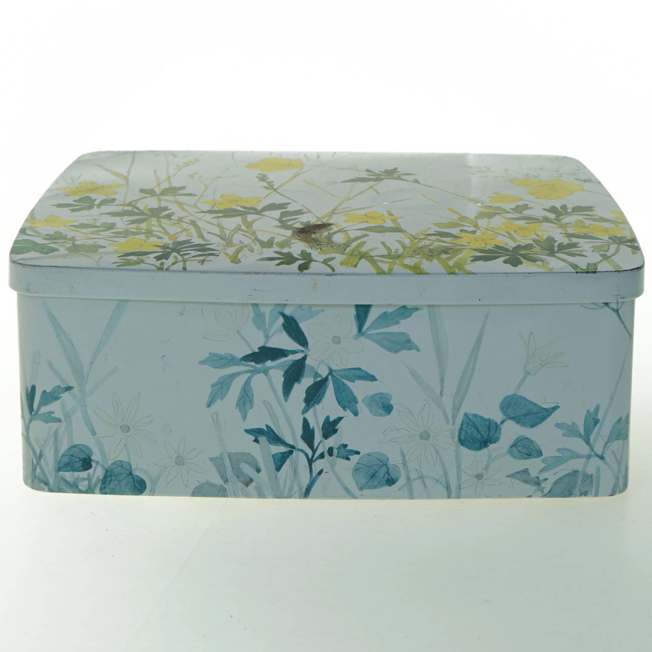 Vintage Rektangulær metalæske med blomsterdesign (str. 24,5 x 21,5 cm)