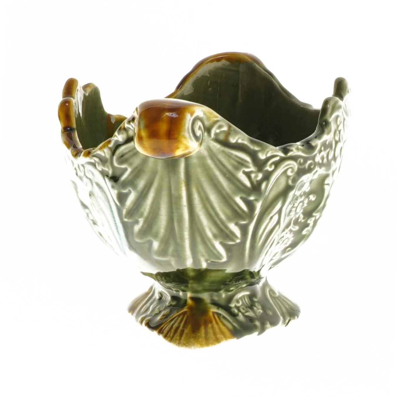 Antik Majolica Jardiniere skål på fod (str. 11x13x22 cm)