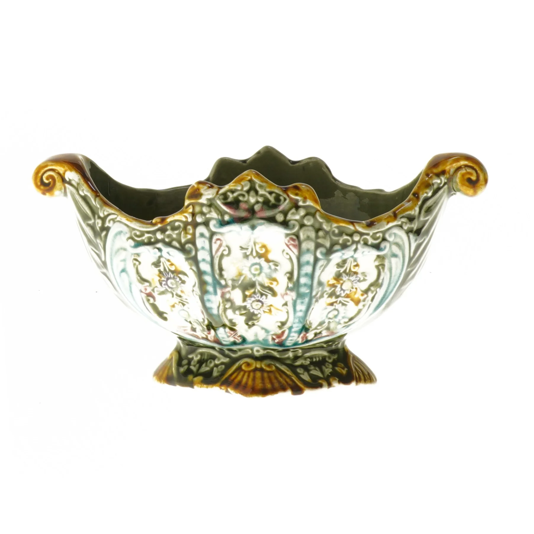 Antik Majolica Jardiniere skål på fod (str. 11x13x22 cm)