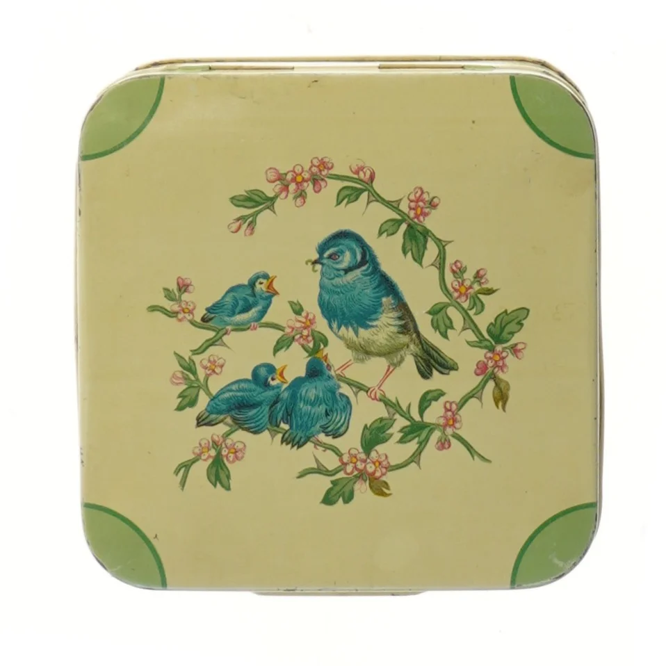 Metal tin med fugle (str. 15x15x10 cm)
