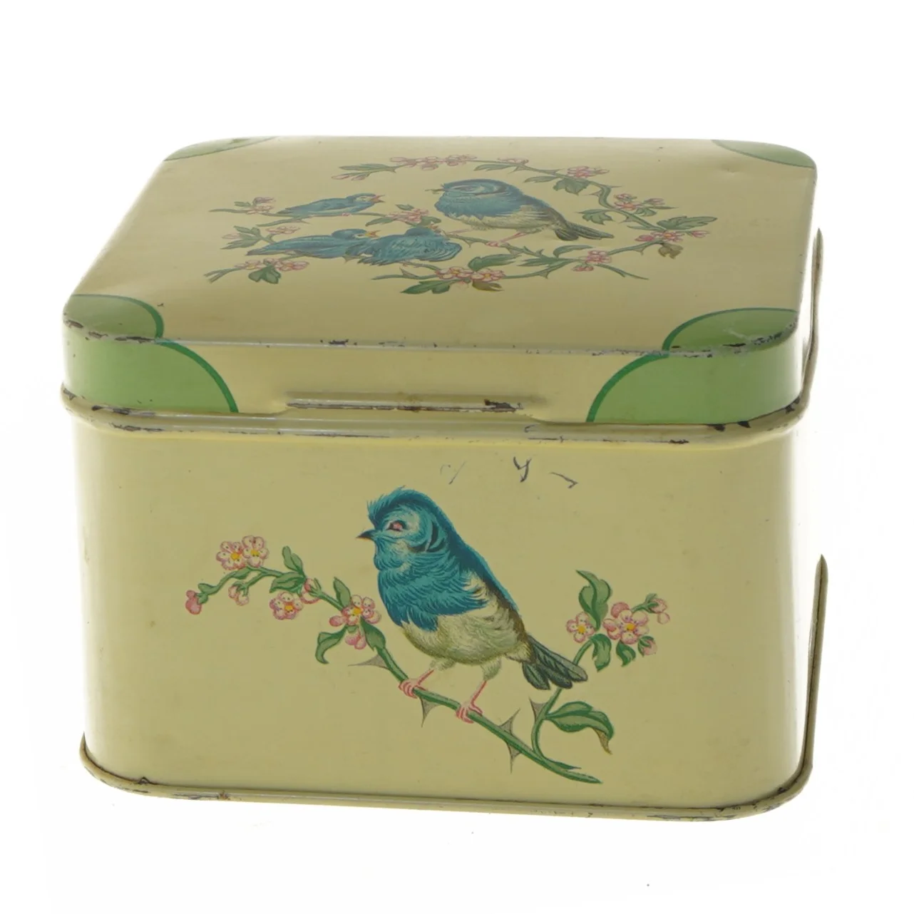 Metal tin med fugle (str. 15x15x10 cm)