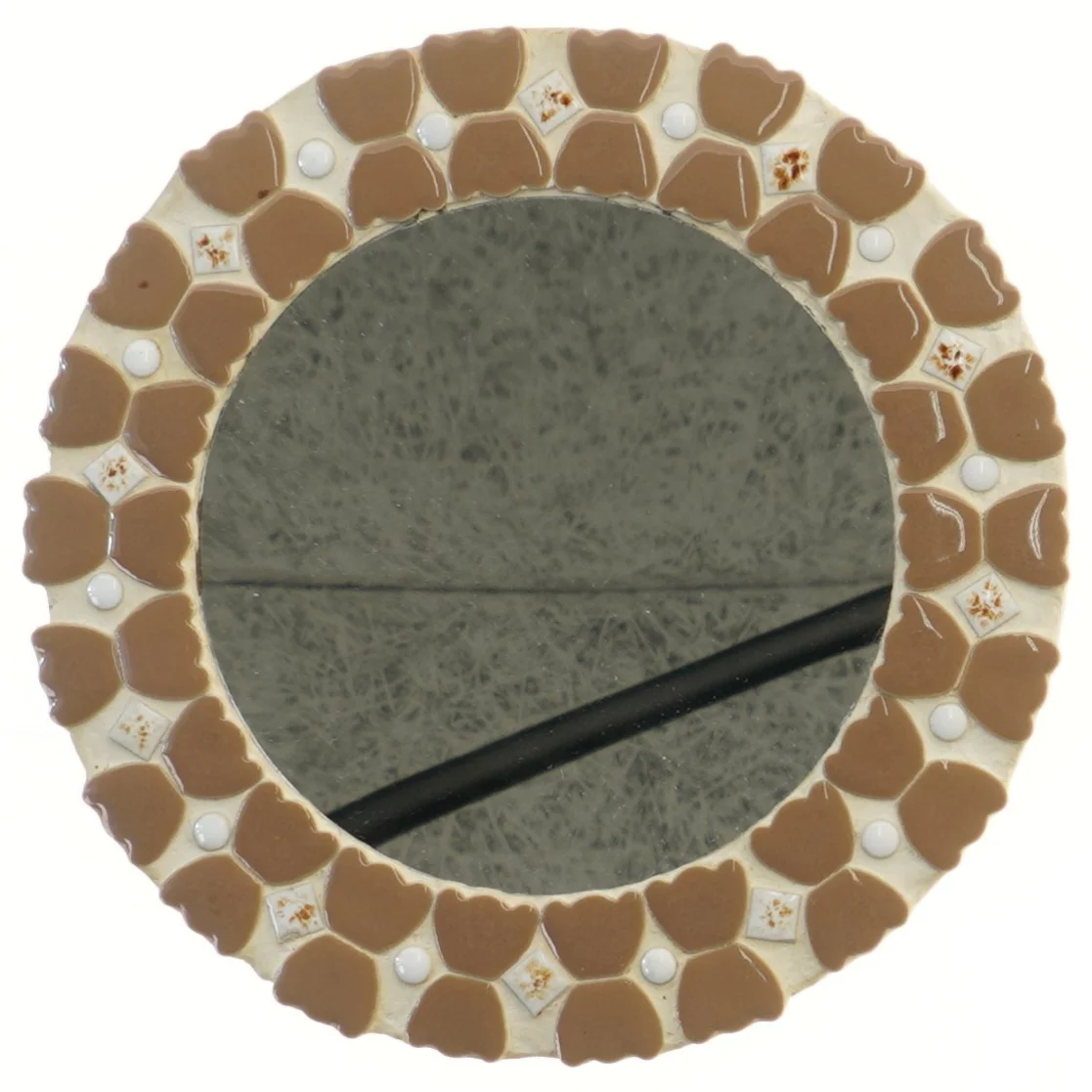 Rund dekorativt spejl med  keramik mosaikramme (str. Ø 22 cm)