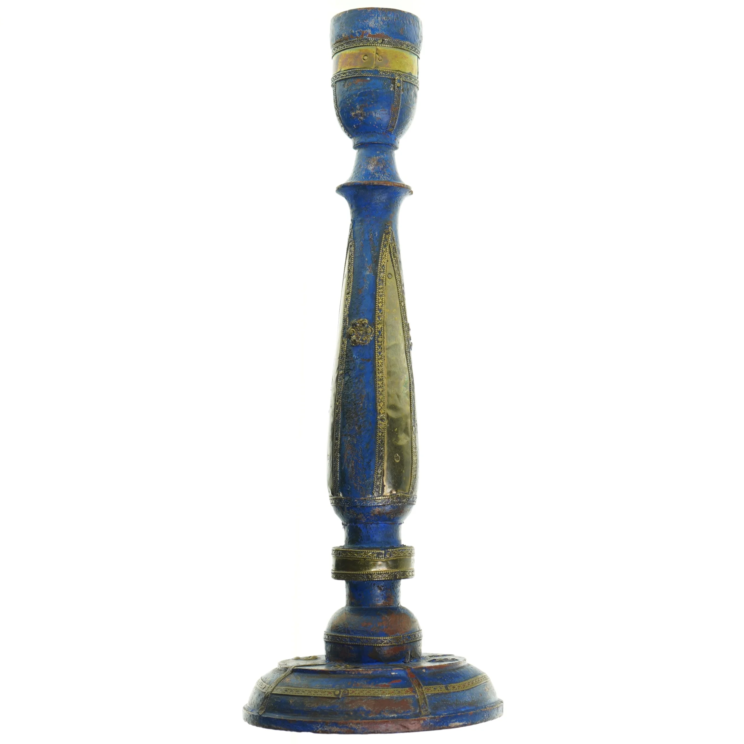 Træ Lysestage med metal ornamentik (str. 32 x 12 cm)