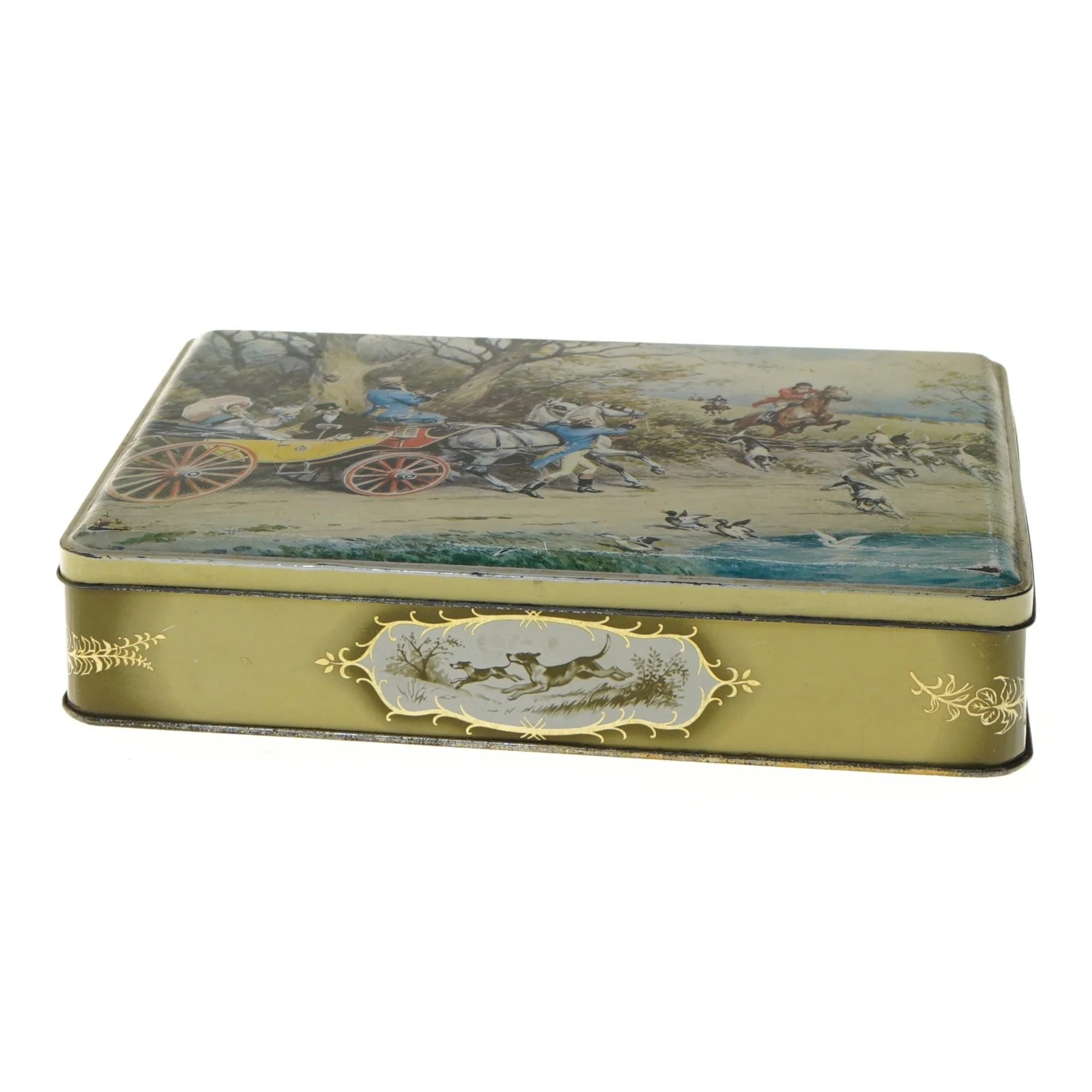  Kagedåse med jagtmotiv (str. 24,5x18,5 cm)