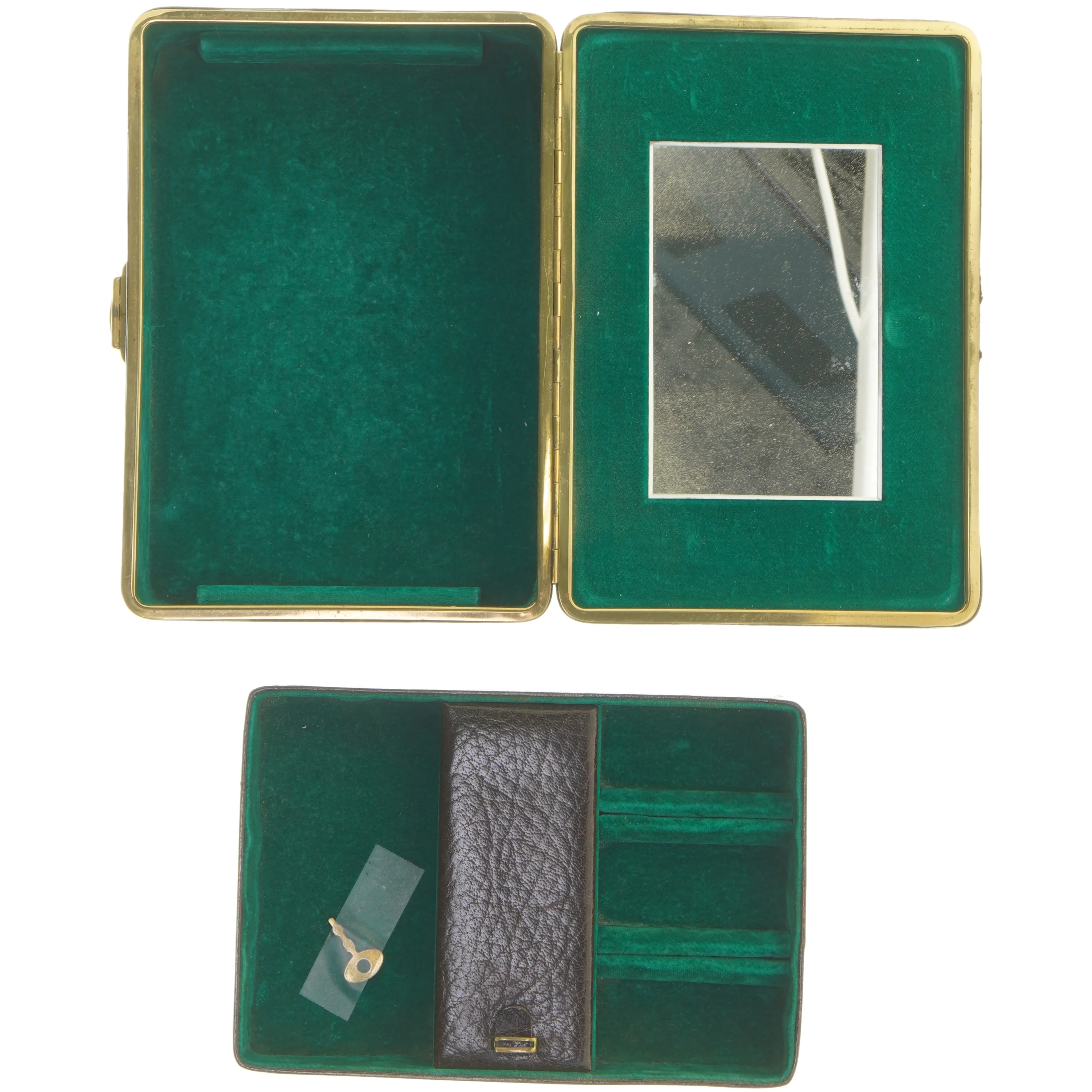 Vintage Læder smykkeskrin med spejl og nøgle (str. 20x14x6 cm)