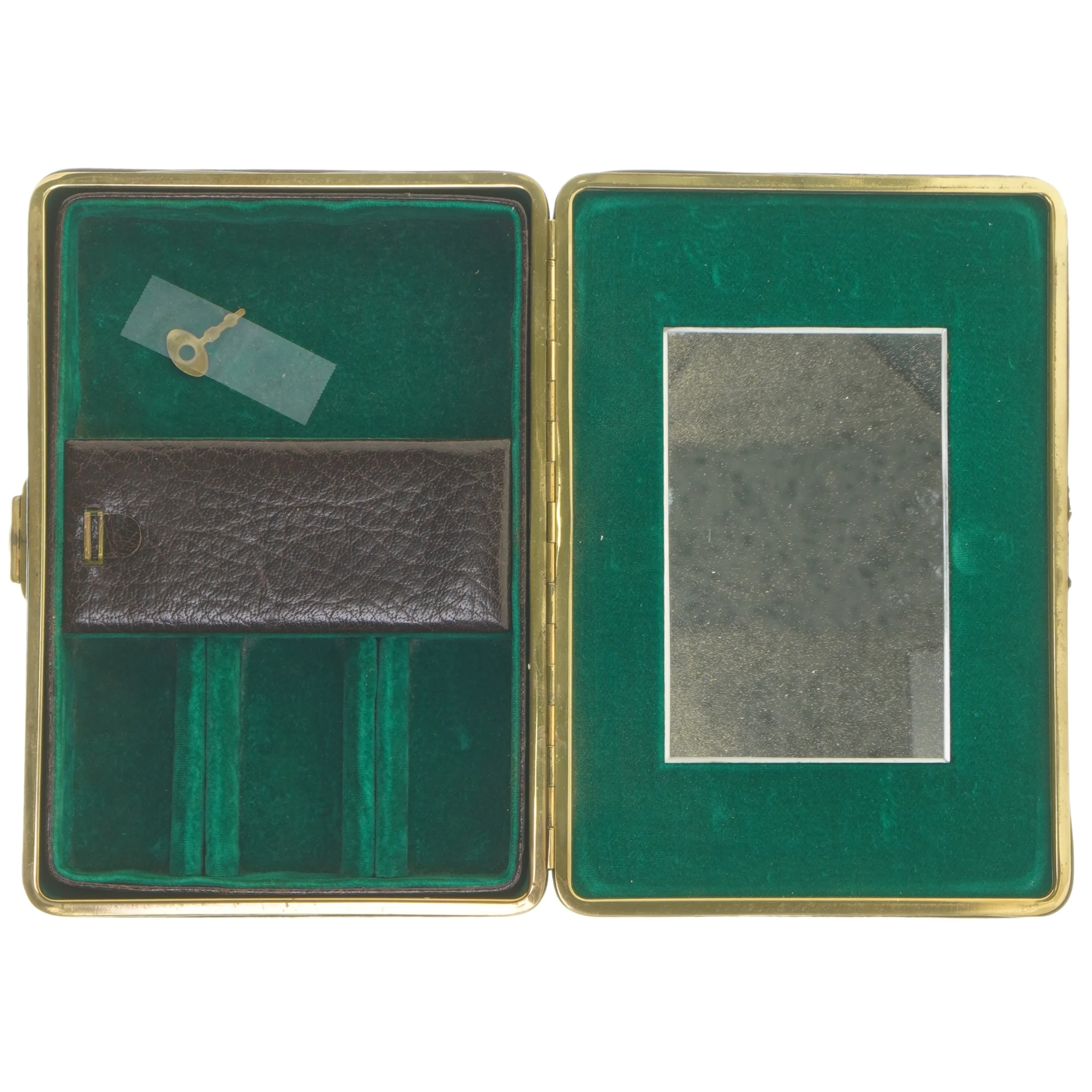 Vintage Læder smykkeskrin med spejl og nøgle (str. 20x14x6 cm)