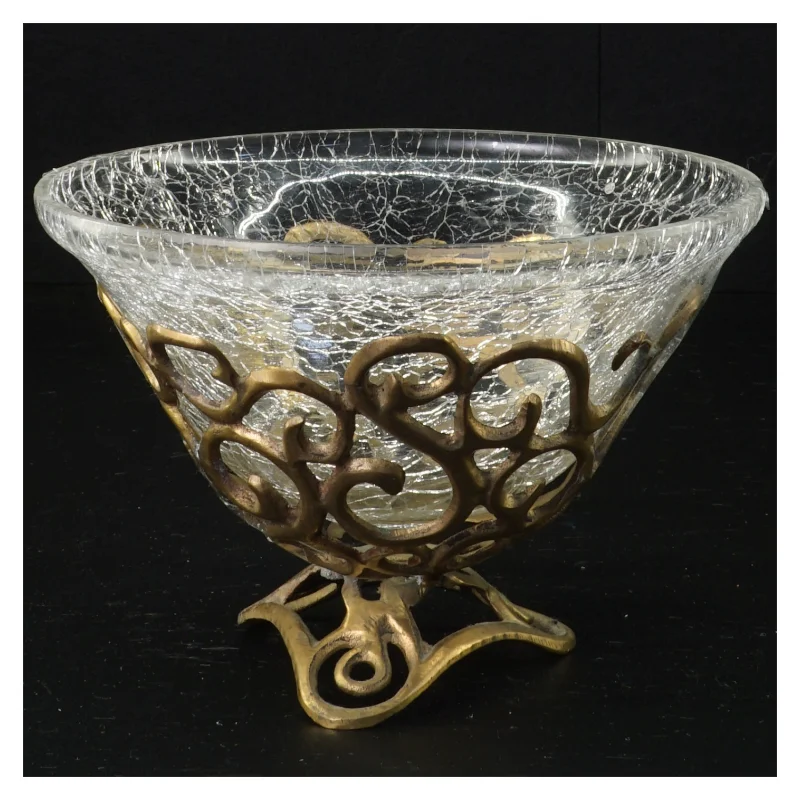 Dekorativ messing fad på fod med krakeleret glas indsats (str. 16 x 12 cm)
