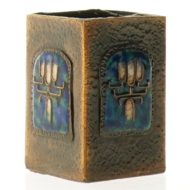 Metal Vase med blå emalje dekoration (str. 9 x 6 cm)