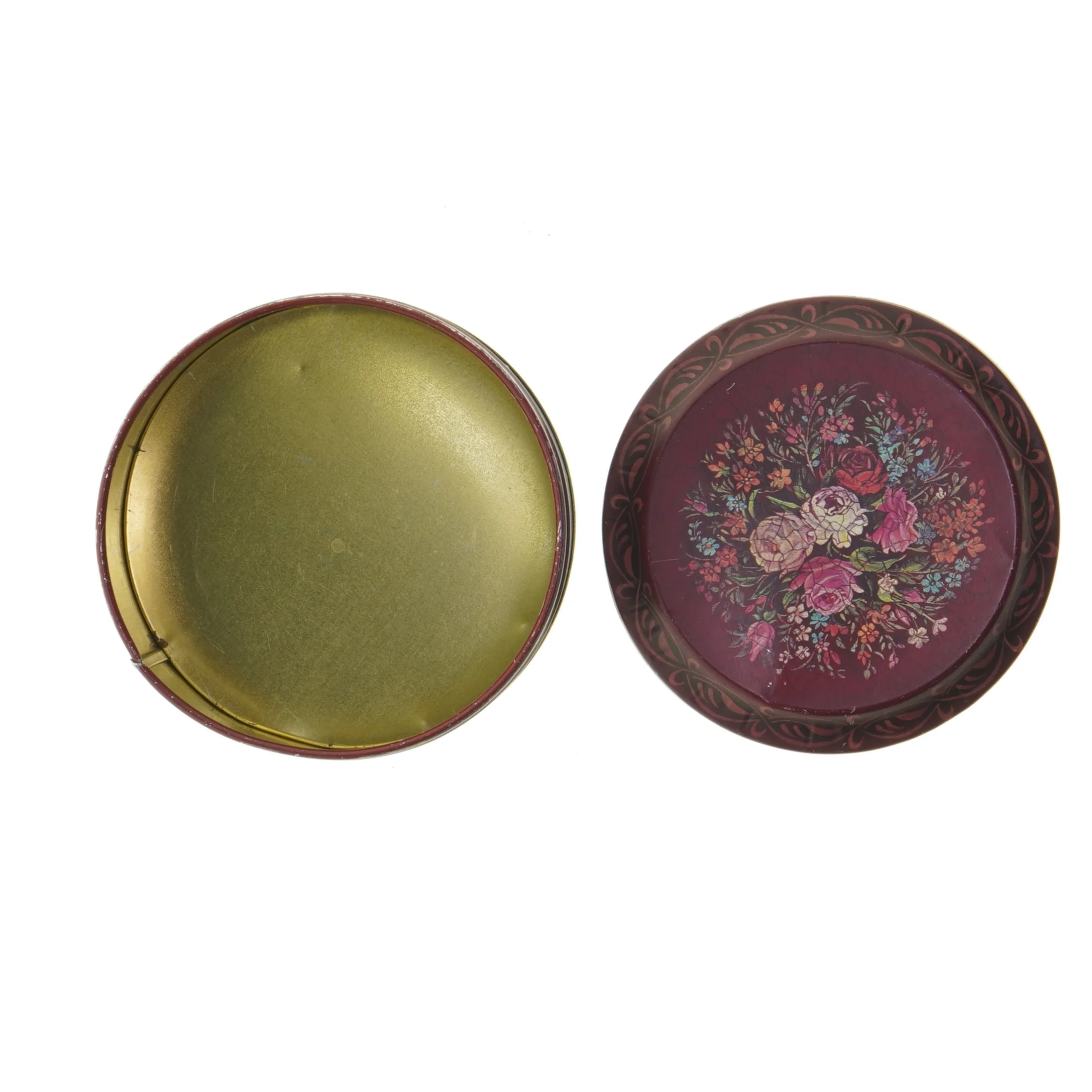 Dekorativ rund metaldåse fra Mansfield (str. Ø 13 cm)