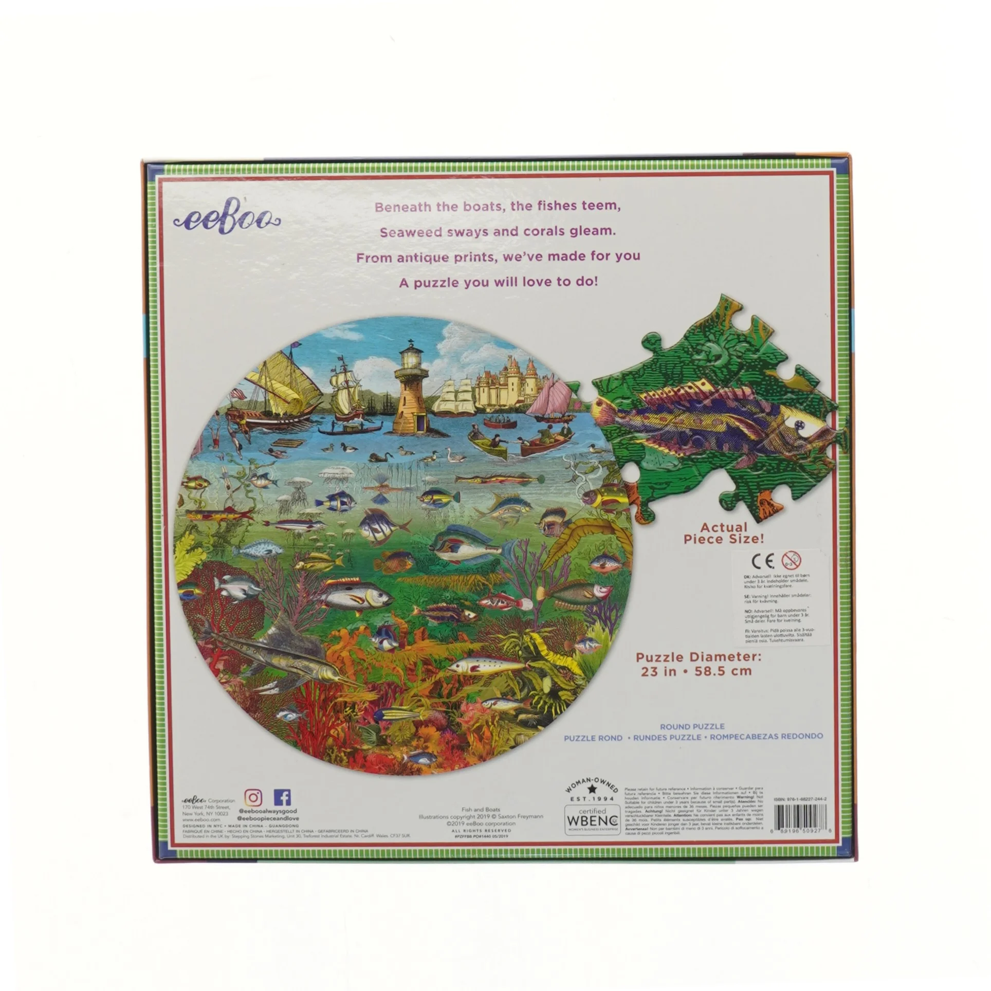500-brikkers rundt puslespil med fisk og både (str. 28x28 cm)