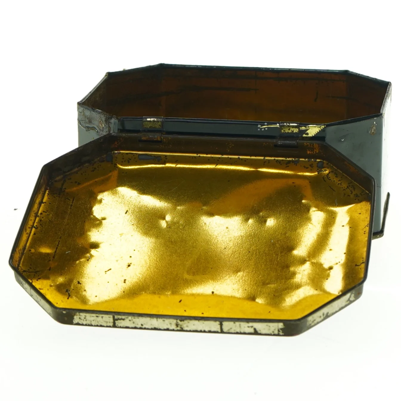 Ældre blikæske med fuglemotiv (str. 13 x 10 x 5 cm)