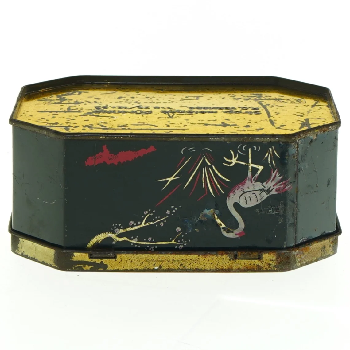 Ældre blikæske med fuglemotiv (str. 13 x 10 x 5 cm)