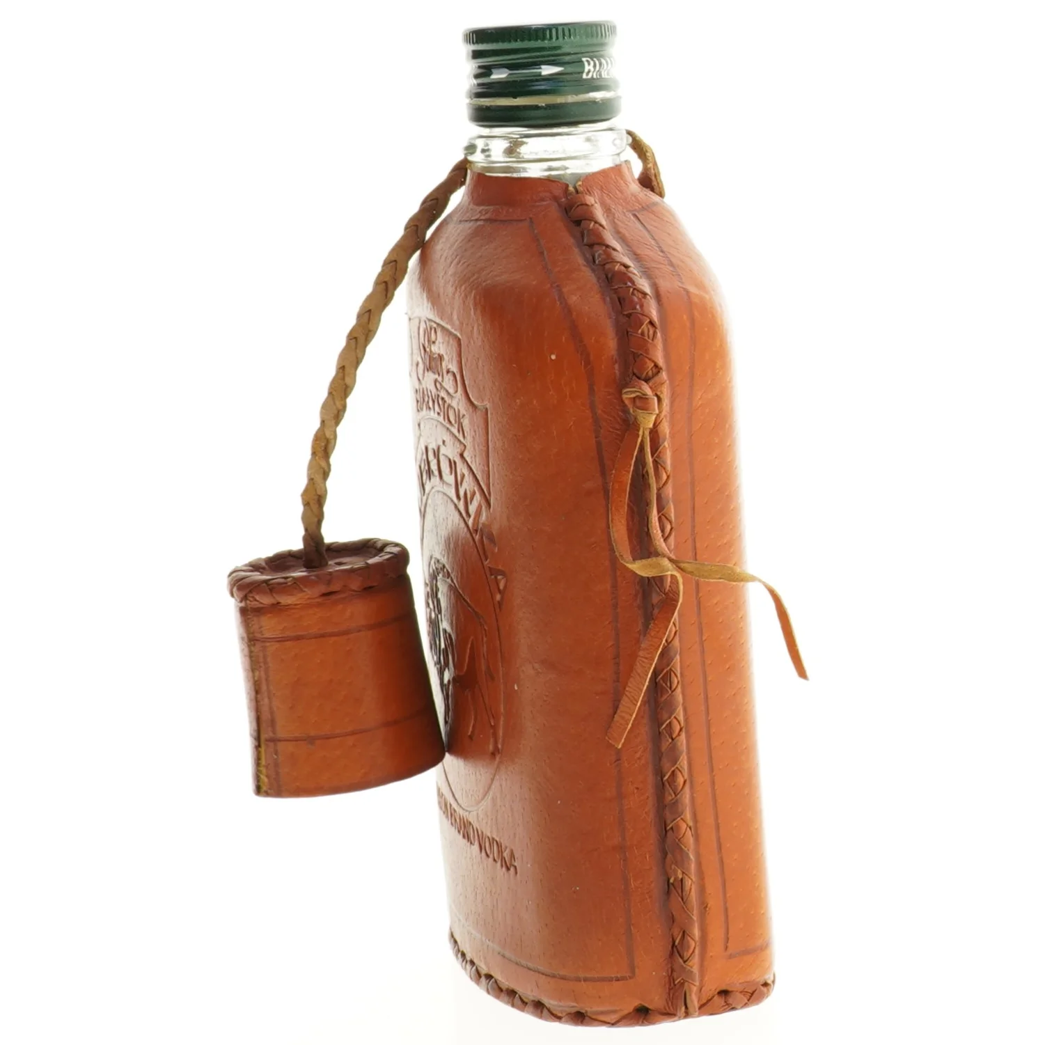 Læder betrukket flaske med bæltestrop fra Palmos (str. 20 x 12 tm)