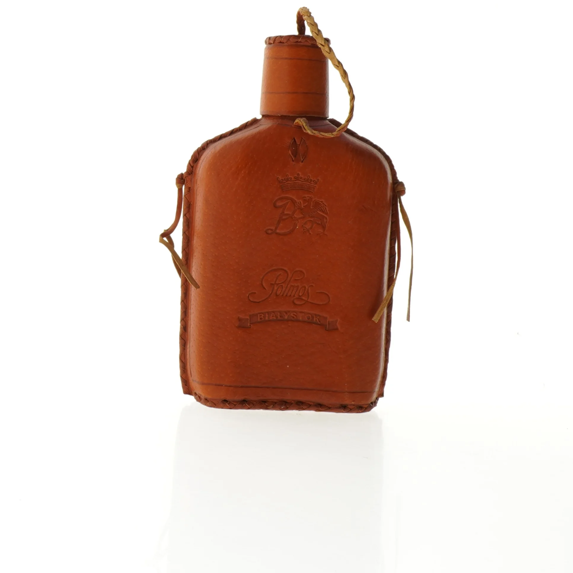 Læder betrukket flaske med bæltestrop fra Palmos (str. 20 x 12 tm)