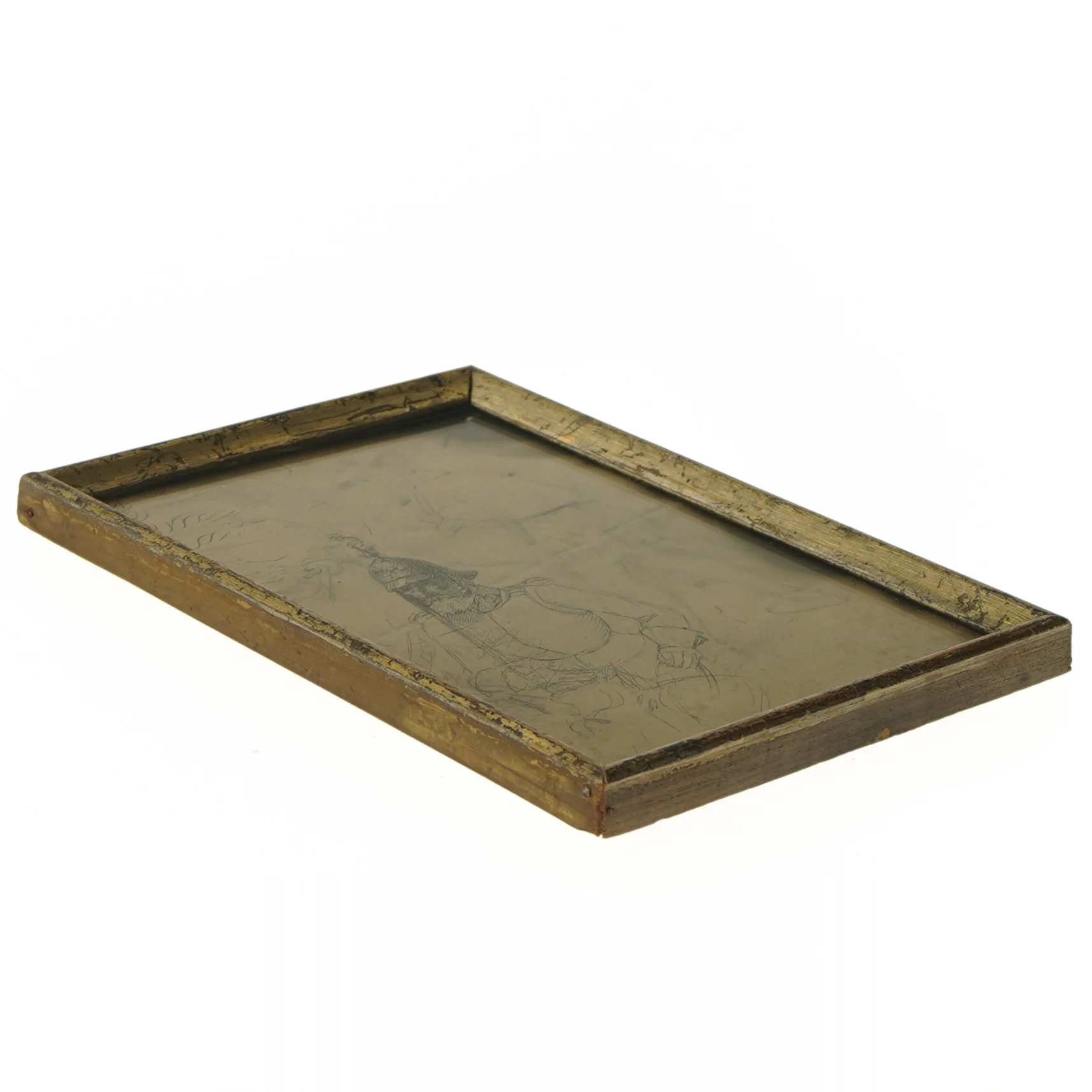 Antik ramme med skitse og avisudklip (str. 17x23 cm)