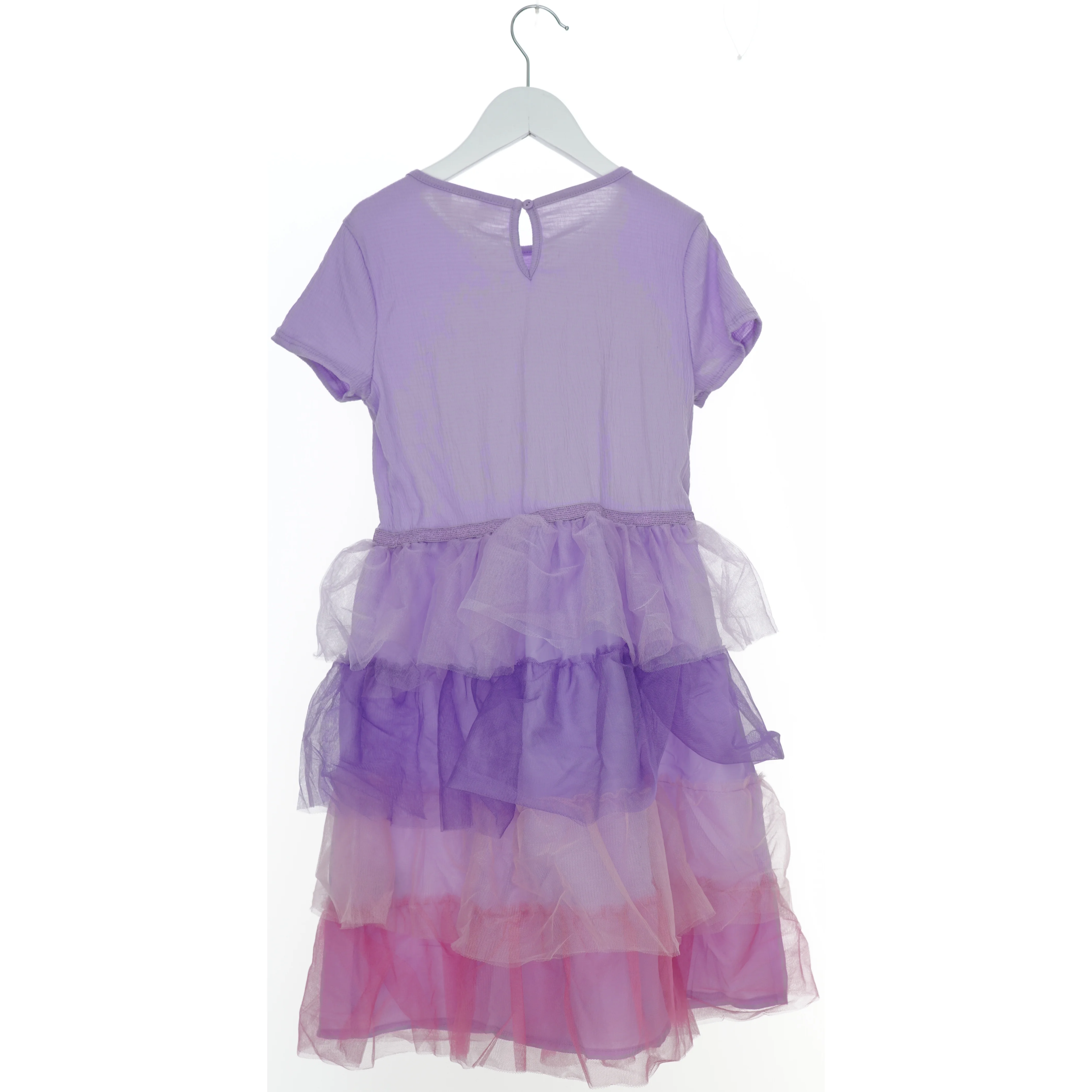 Kjole med korte ærmer i lilla og lyserøde nuancer fra H&M (str. 140)