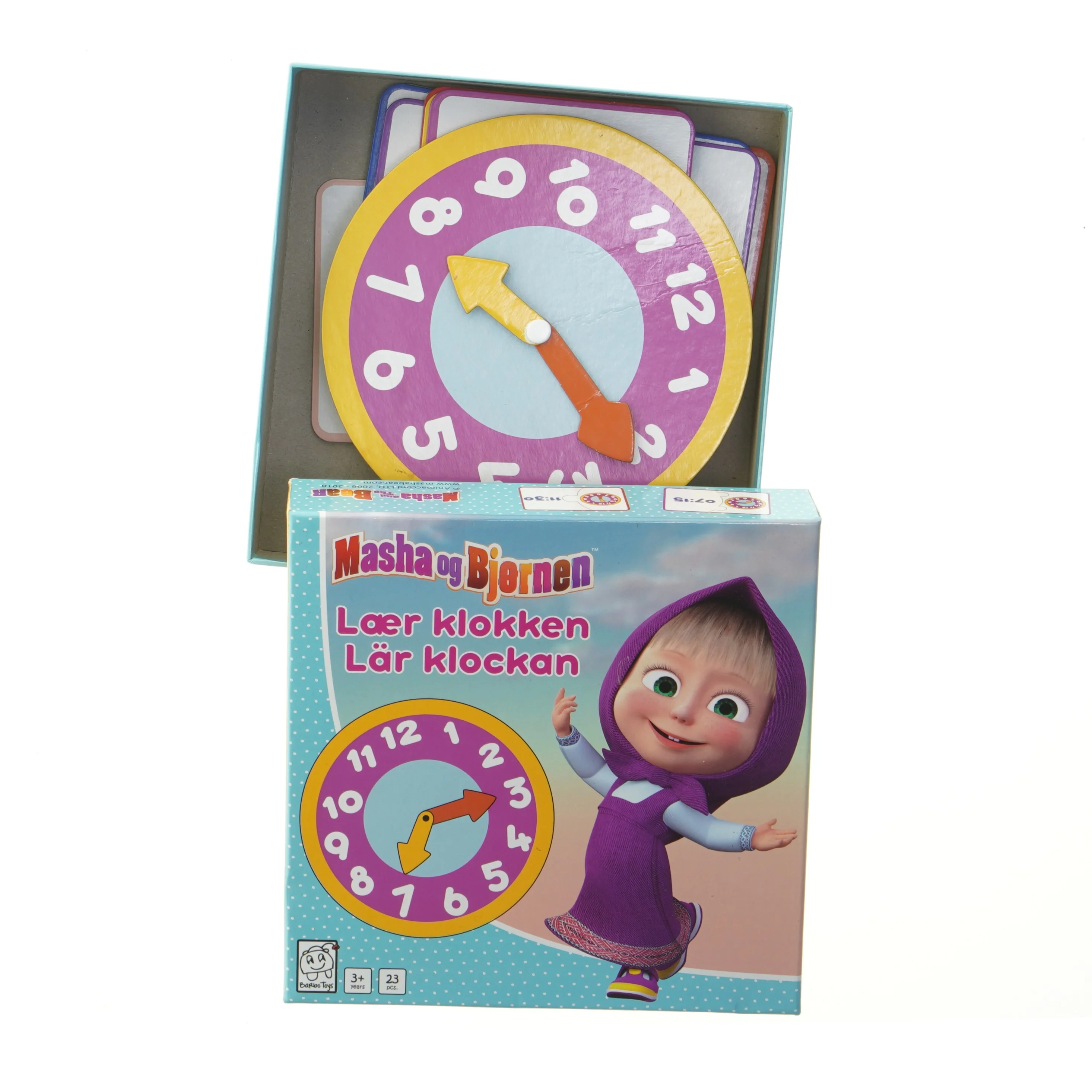 Masha og Bjørnen lær uret puslespil fra Barbo Toys (str. 23 brikker)