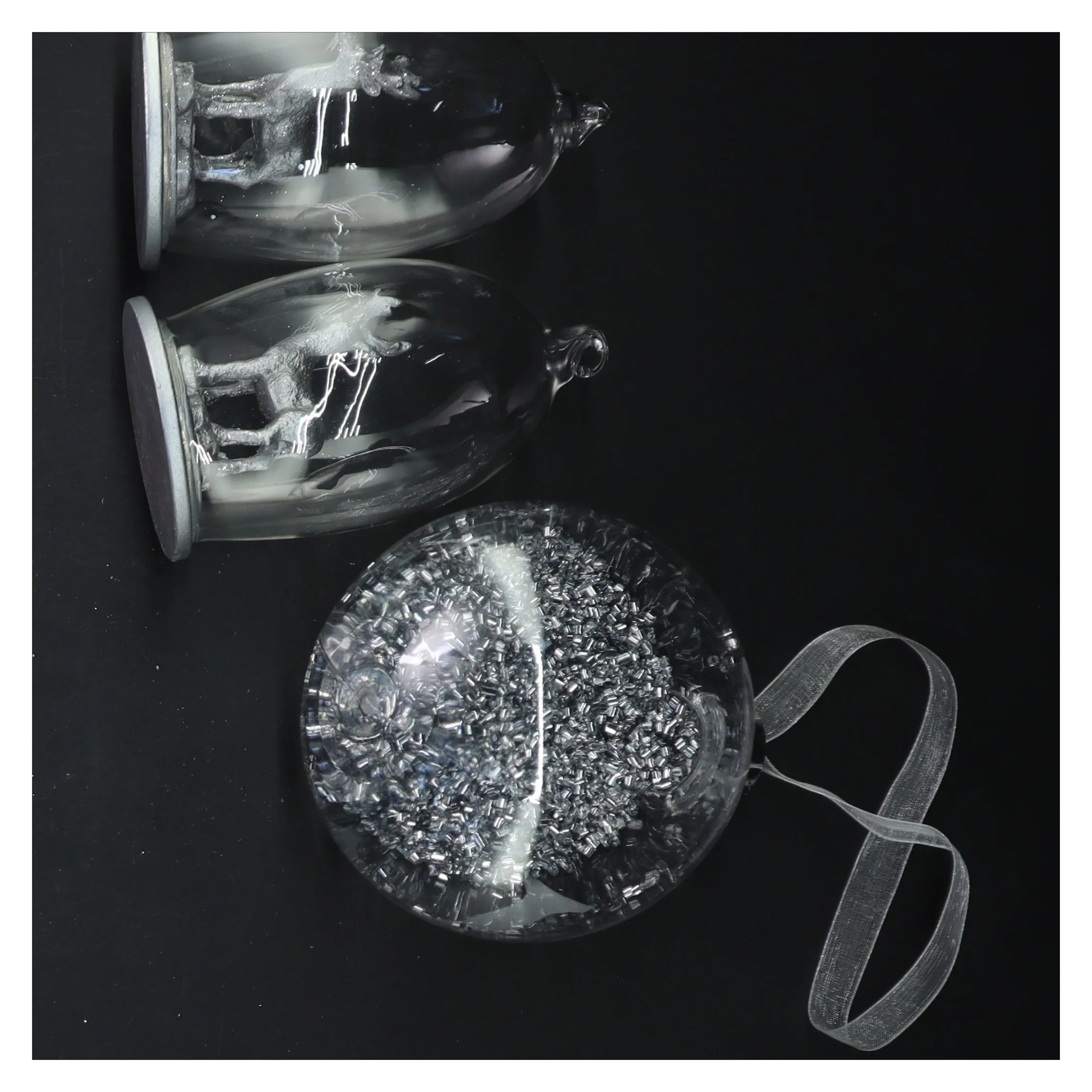 Sølv og glas juledekorationer (str. Ø 10 og 10 cm og 19 cm)