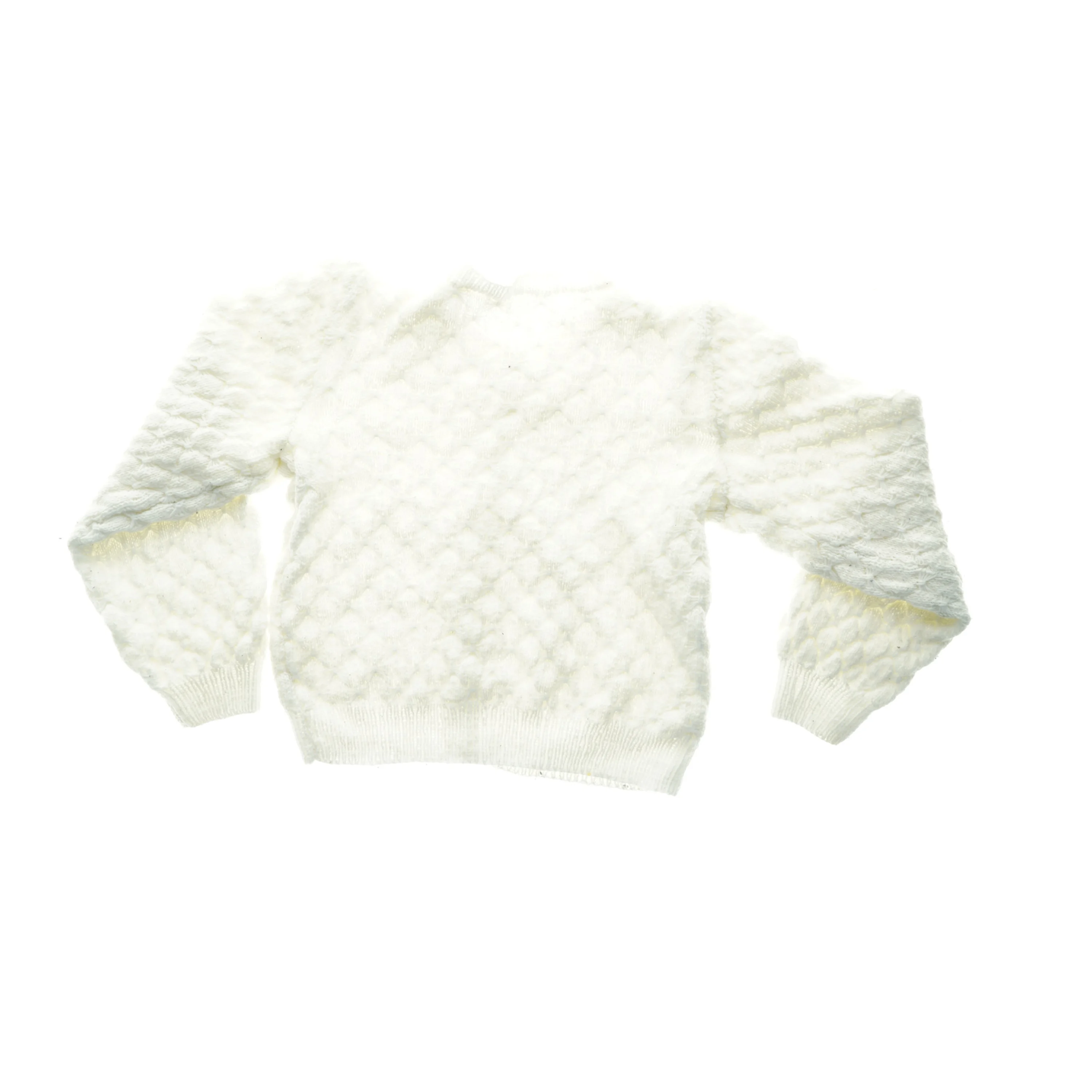 Hjemmestrikket hvid cardigan (str. 44 x 40 cm ærme 39 cm)
