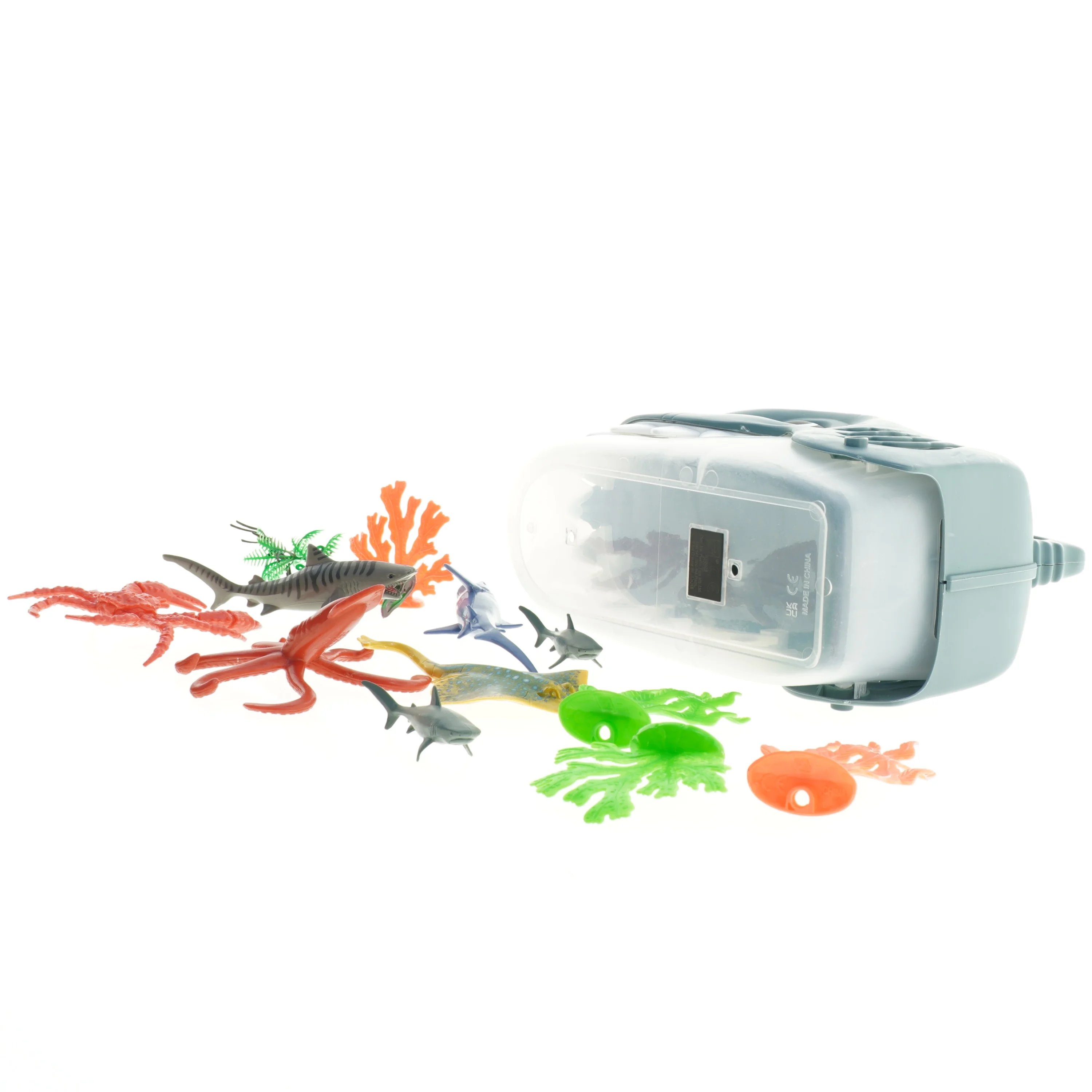 Hajformet opbevaringsboks med havdyrslegetøj (str. 25 x 18 x 12 cm)