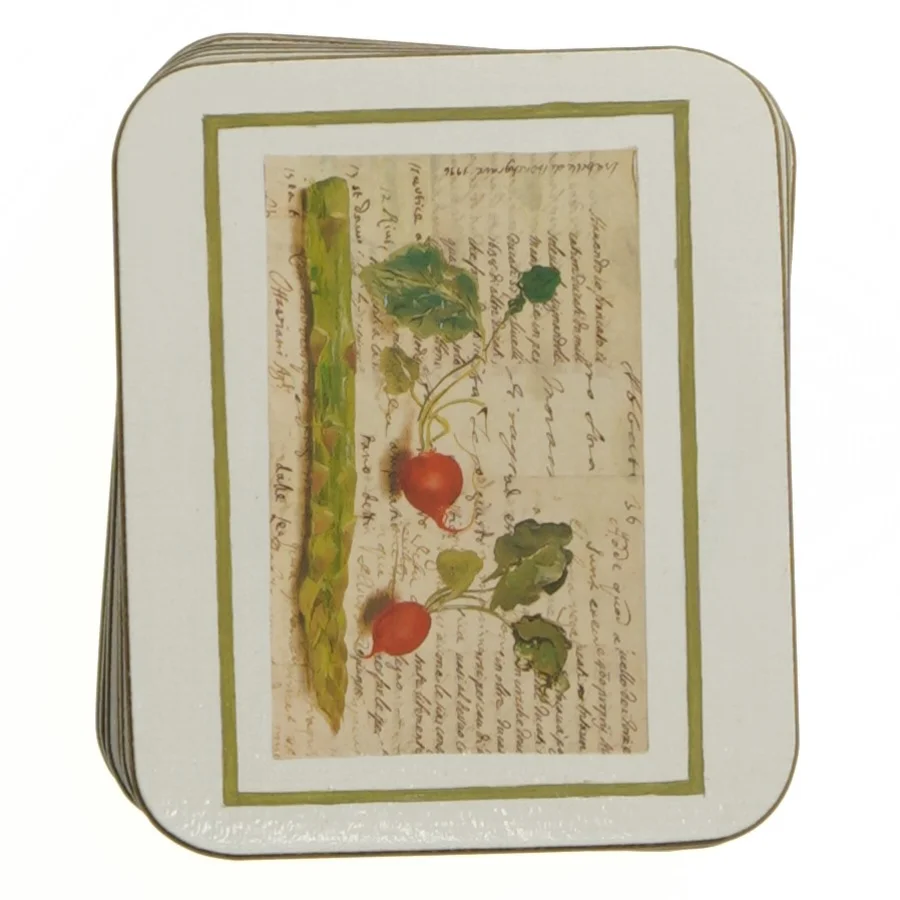 Bord brikker med frugt- og grøntsagsmotiver (str. 11,5 x 9,5 cm)