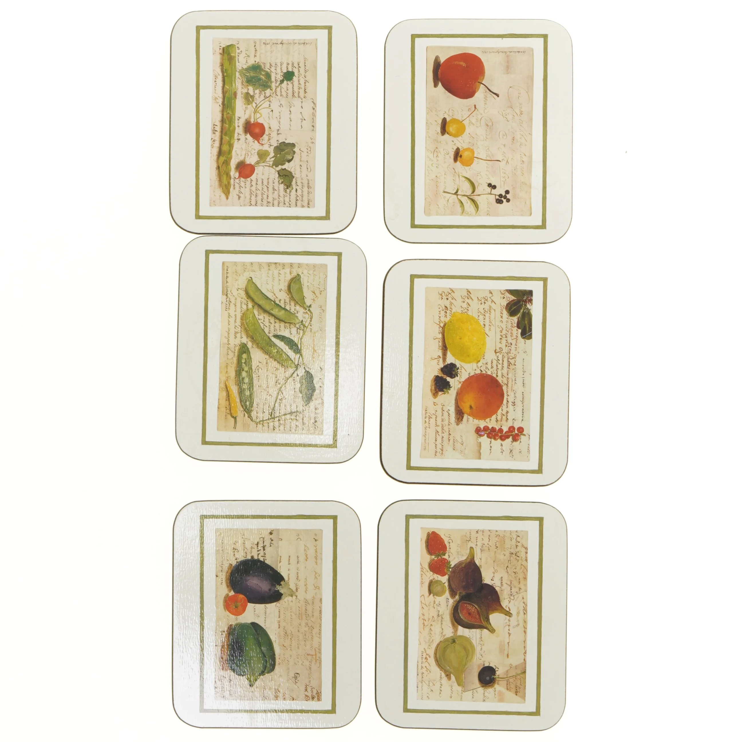 Bord brikker med frugt- og grøntsagsmotiver (str. 11,5 x 9,5 cm)