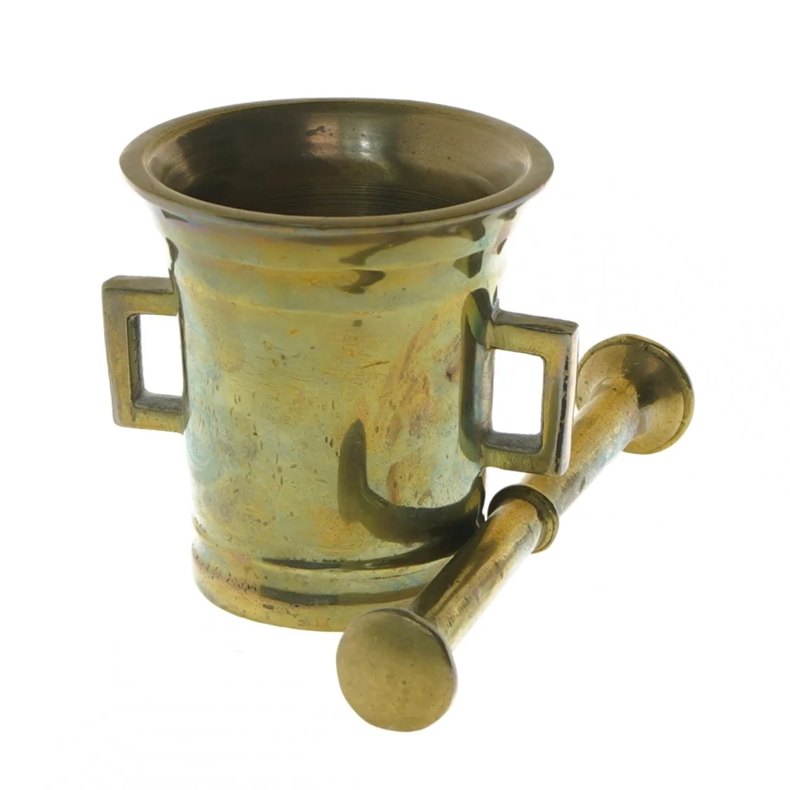 Brunt messing morter med støder (str. Ø 9x9,5 cm)