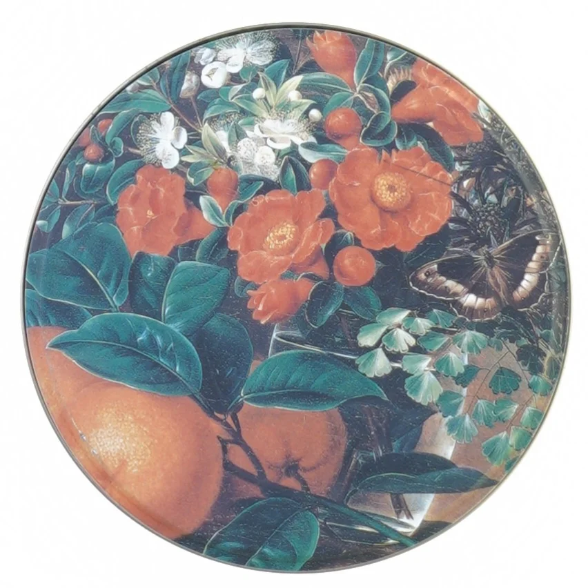 kagedåse med blomstermotiv (str. 14 x 7 cm)