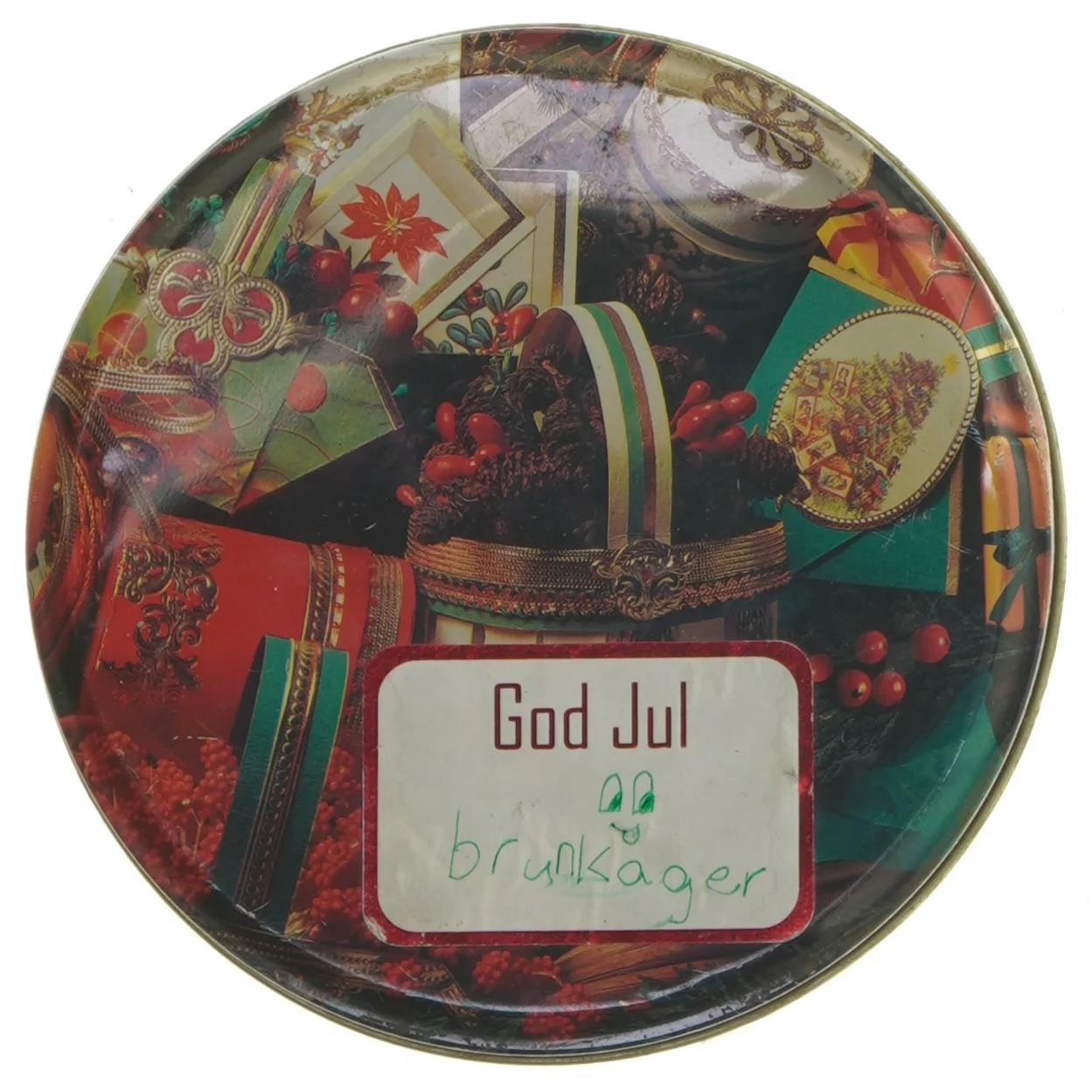 Dåse med julemotiv (str. Ø 14 cm højde 7 cm)