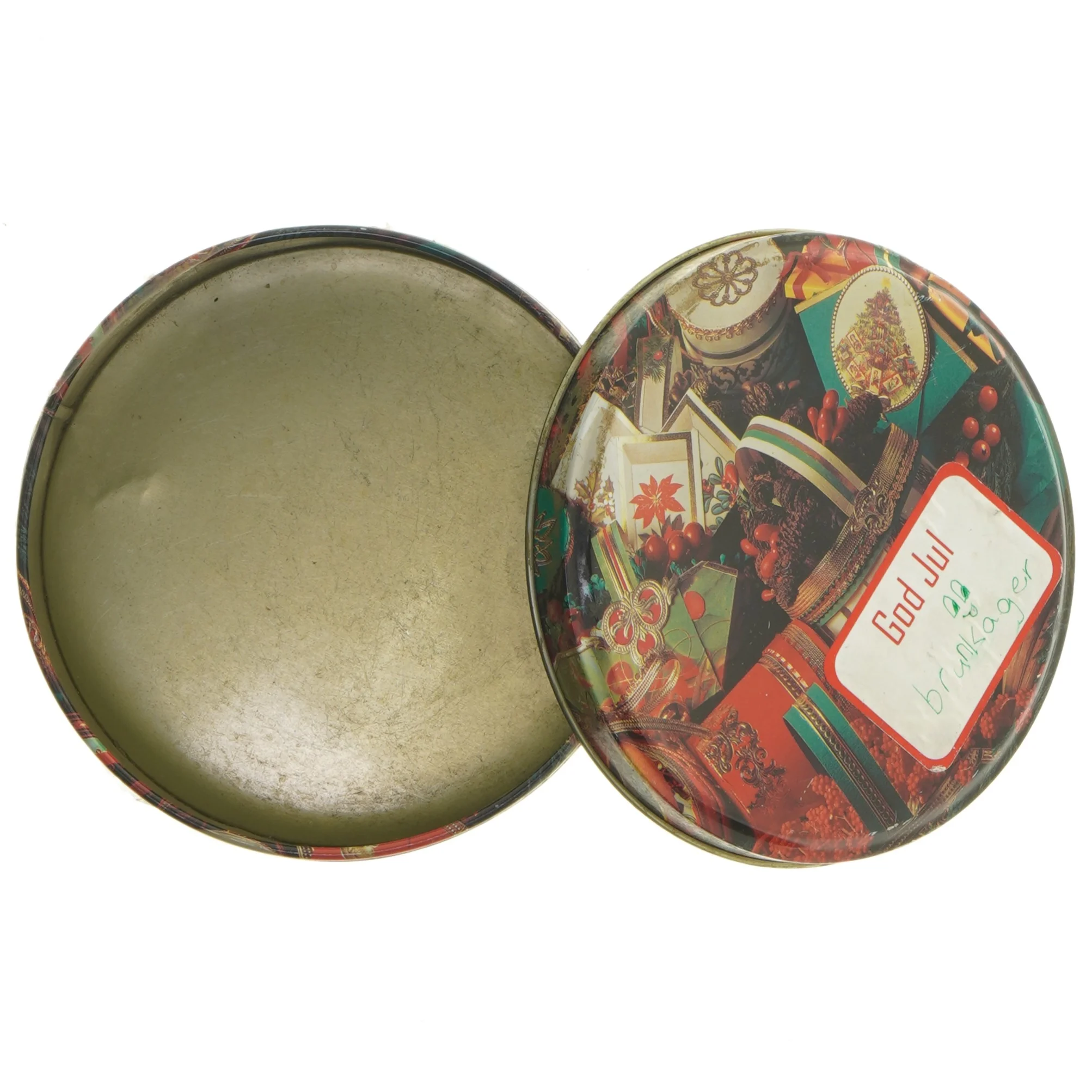 Dåse med julemotiv (str. Ø 14 cm højde 7 cm)