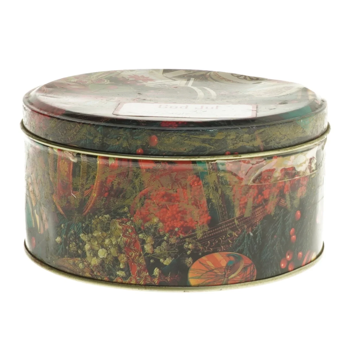 Dåse med julemotiv (str. Ø 14 cm højde 7 cm)