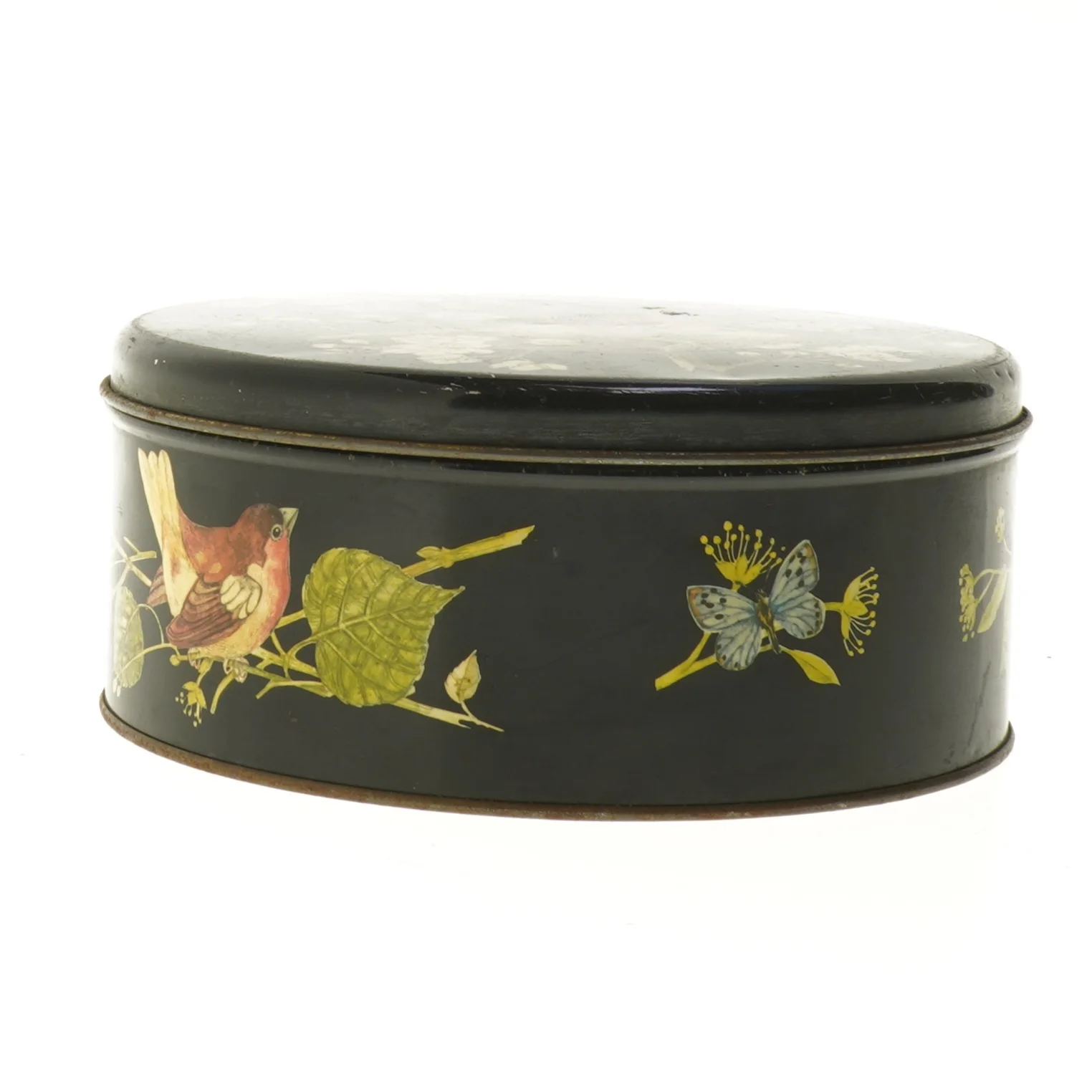 Dekorativ metaldåse med fuglemotiv (str. Ø 19,5 cm længde 8,5 cm)