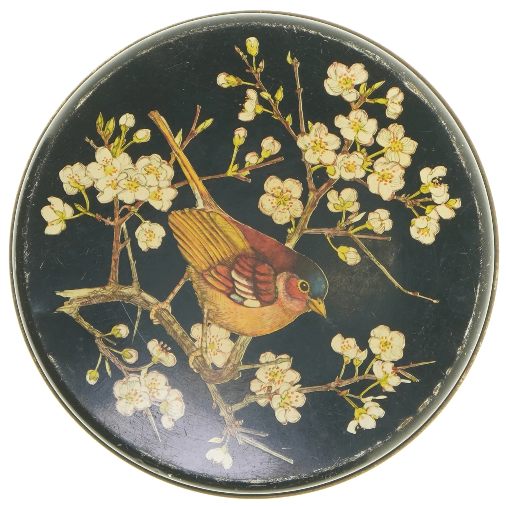 Dekorativ metaldåse med fuglemotiv (str. Ø 19,5 cm længde 8,5 cm)