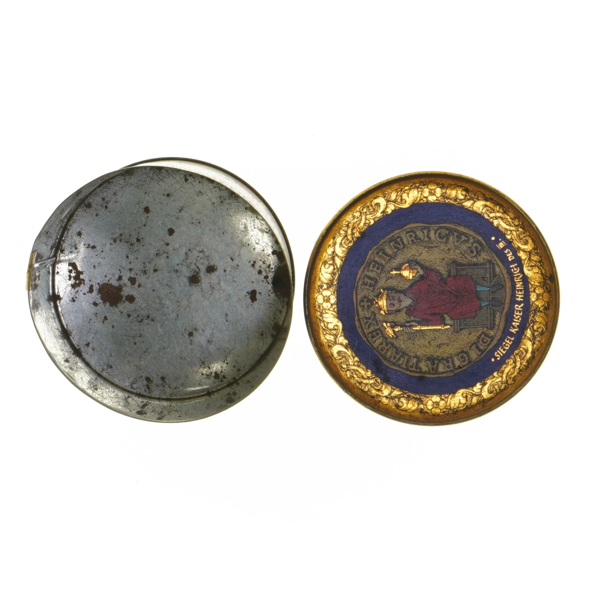 Dekorativ dåse med kejsermotiv (str. Ø 10,5 cm længde 12 cm)