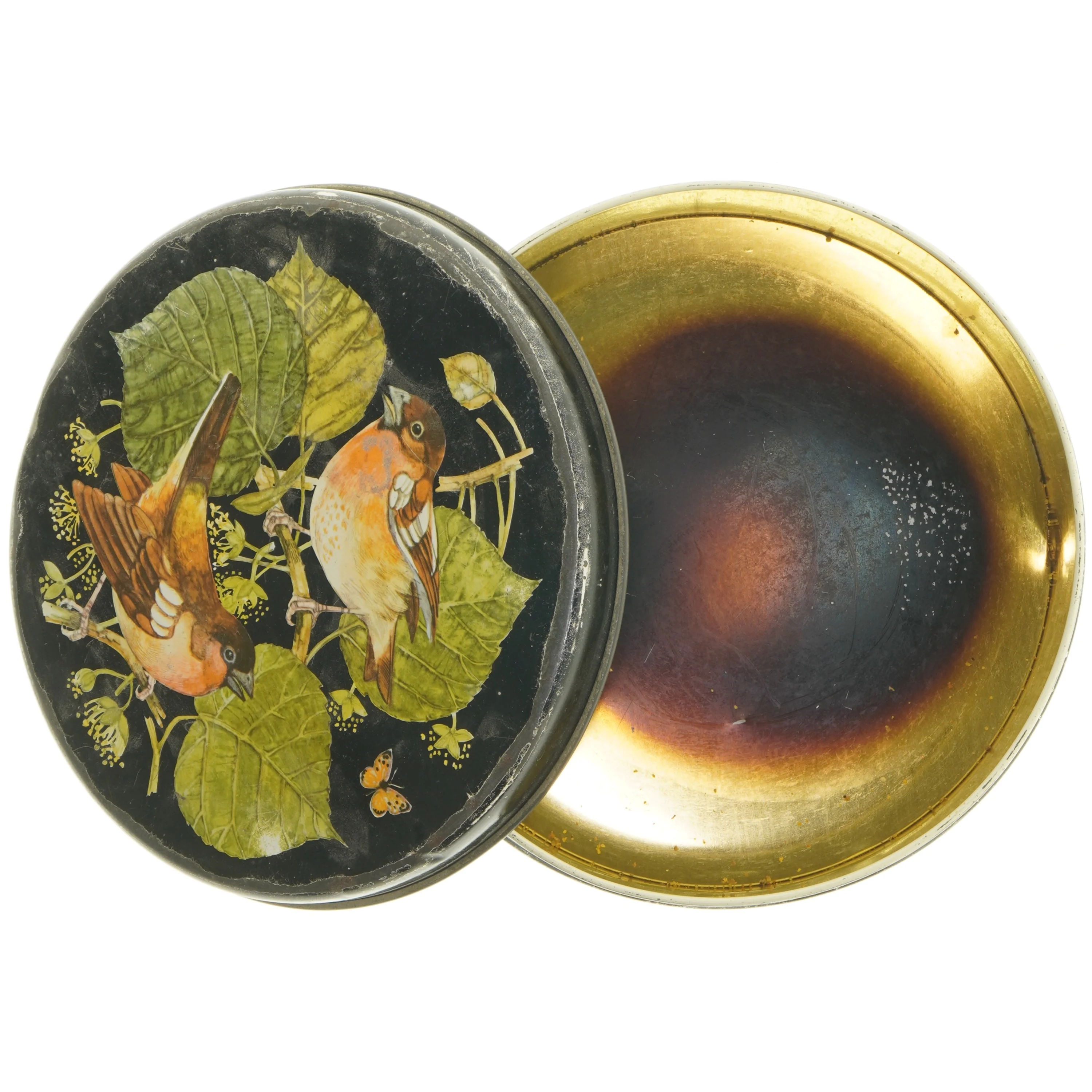 Rund dåse med fuglemotiv (str. Ø 23,5 cm højde 10,5 cm)