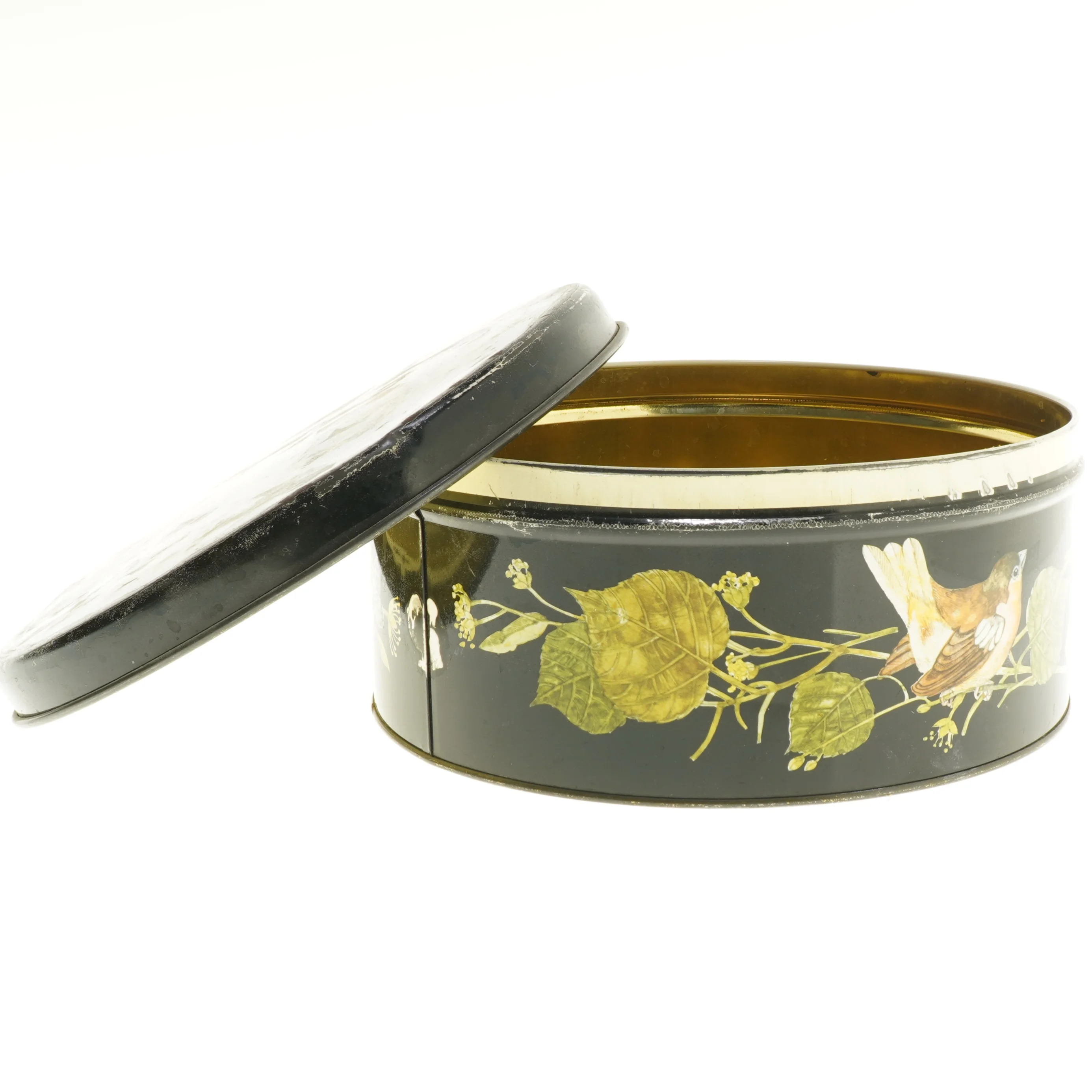 Rund dåse med fuglemotiv (str. Ø 23,5 cm højde 10,5 cm)