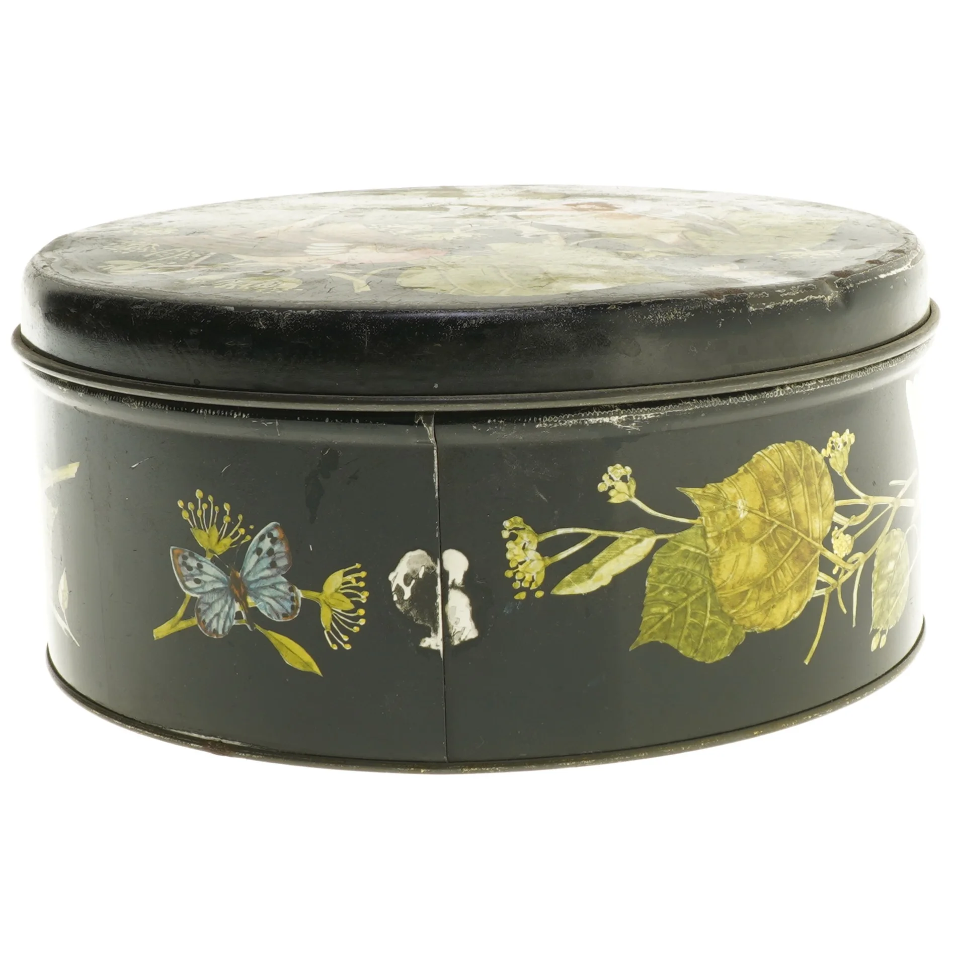 Rund dåse med fuglemotiv (str. Ø 23,5 cm højde 10,5 cm)