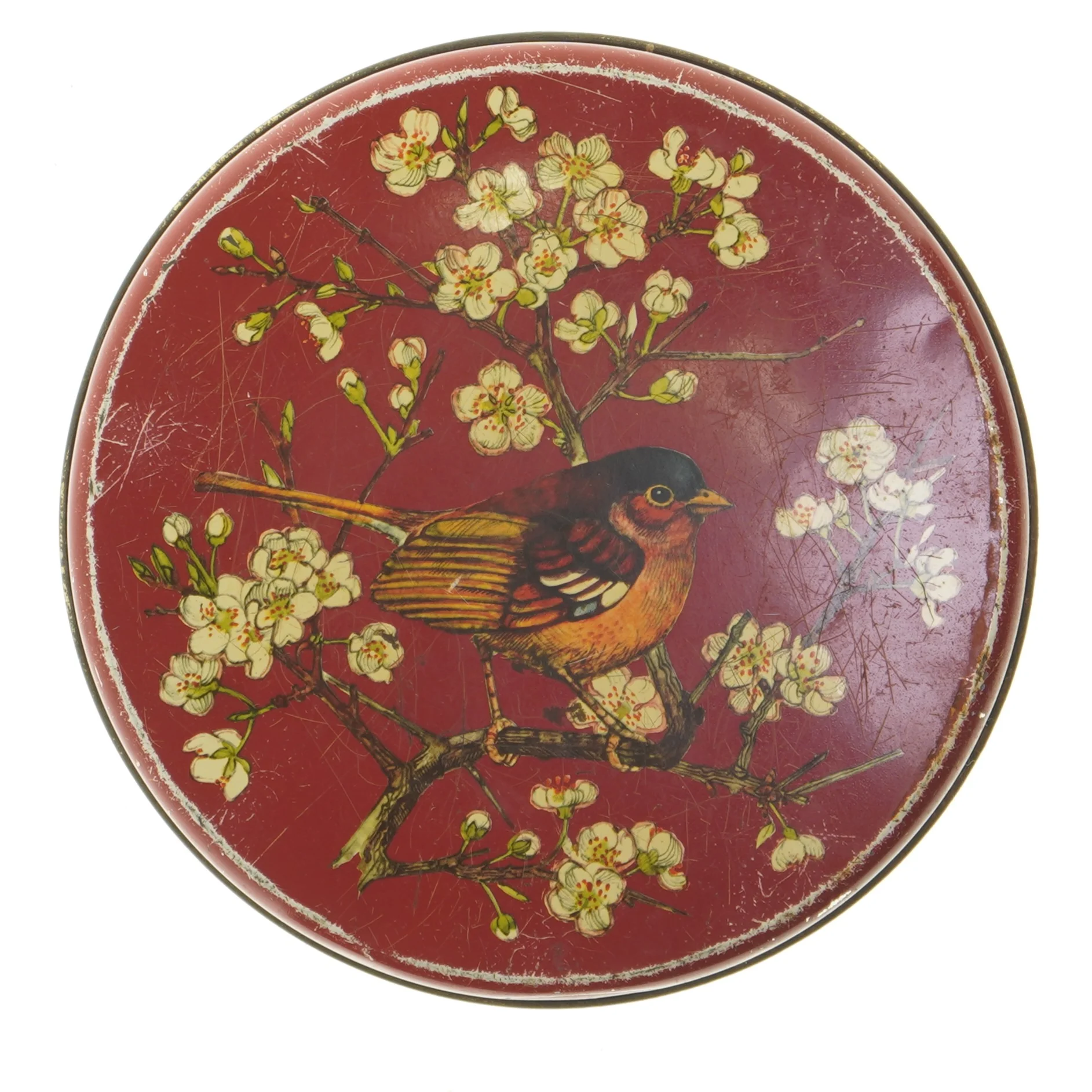 Dekoreret rund dåse med fuglemotiv (str. Ø 19,5 cm længde 8,5 cm)