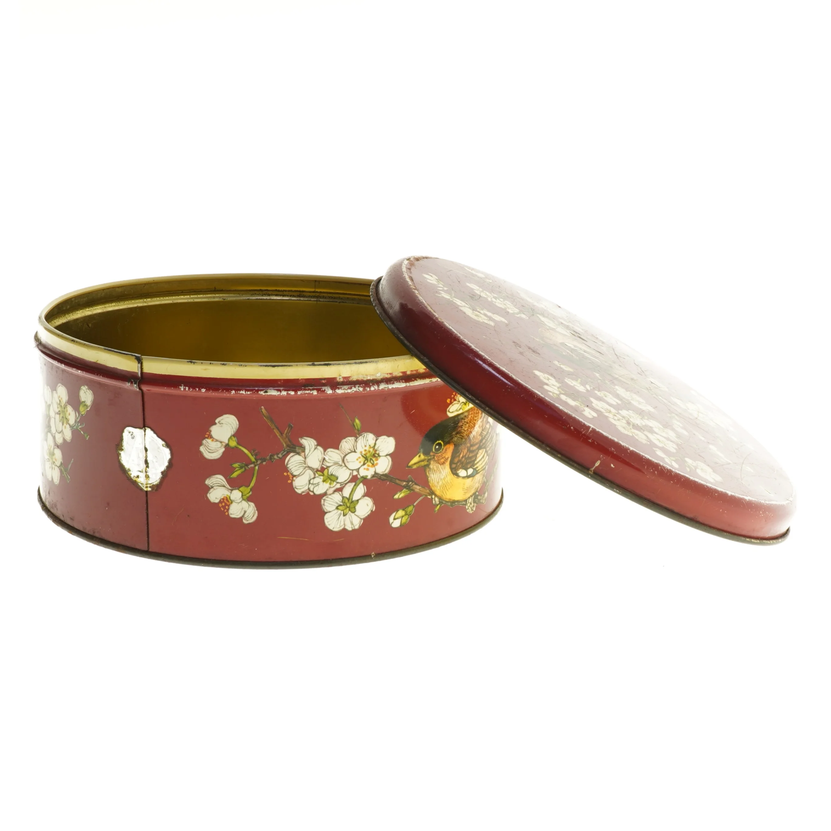 Dekoreret rund dåse med fuglemotiv (str. Ø 19,5 cm længde 8,5 cm)